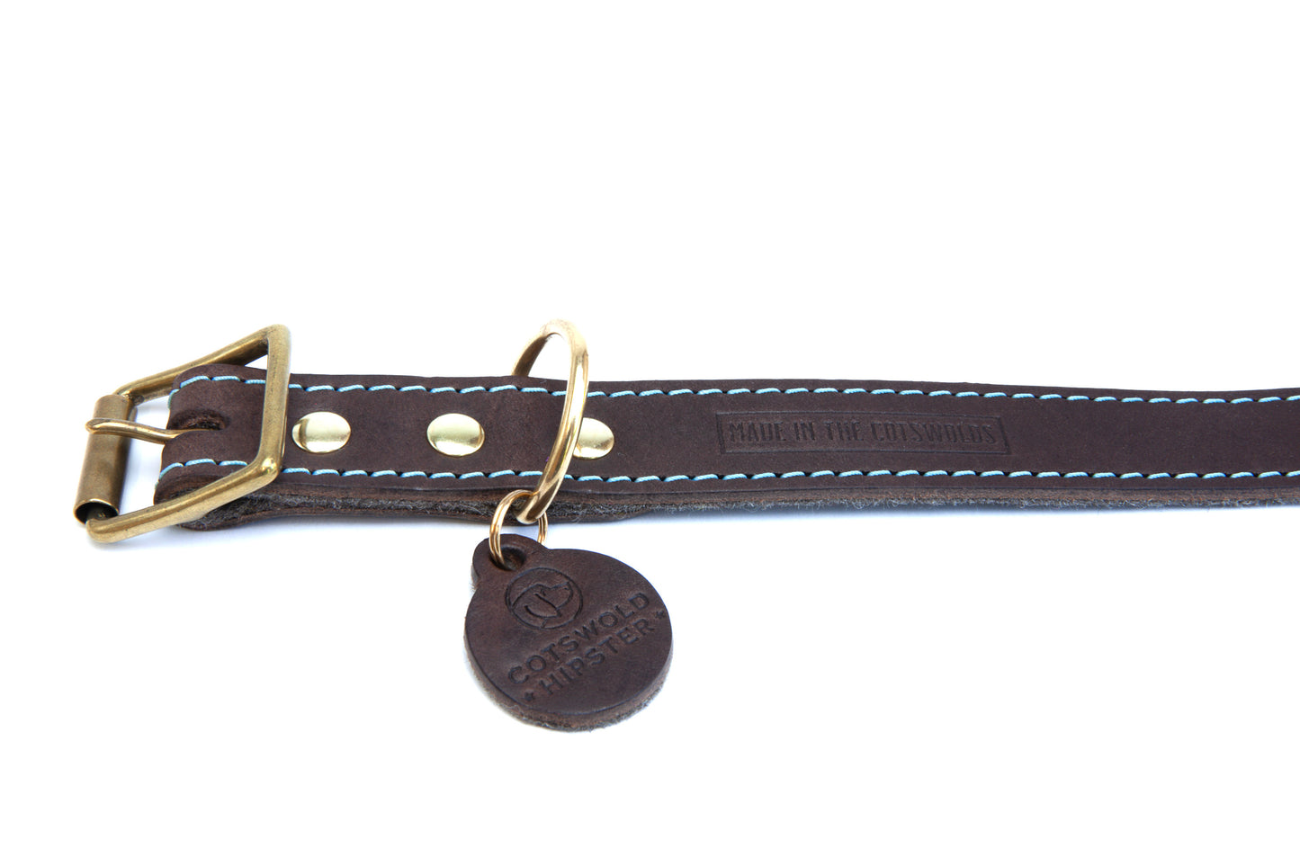 Chocolate Brown leather dog collar with Cornflower Blue felt lining and stitching, flat lay showing solid brass buckle and hardware details, handmade in the Cotswolds by Cotswold Hipster