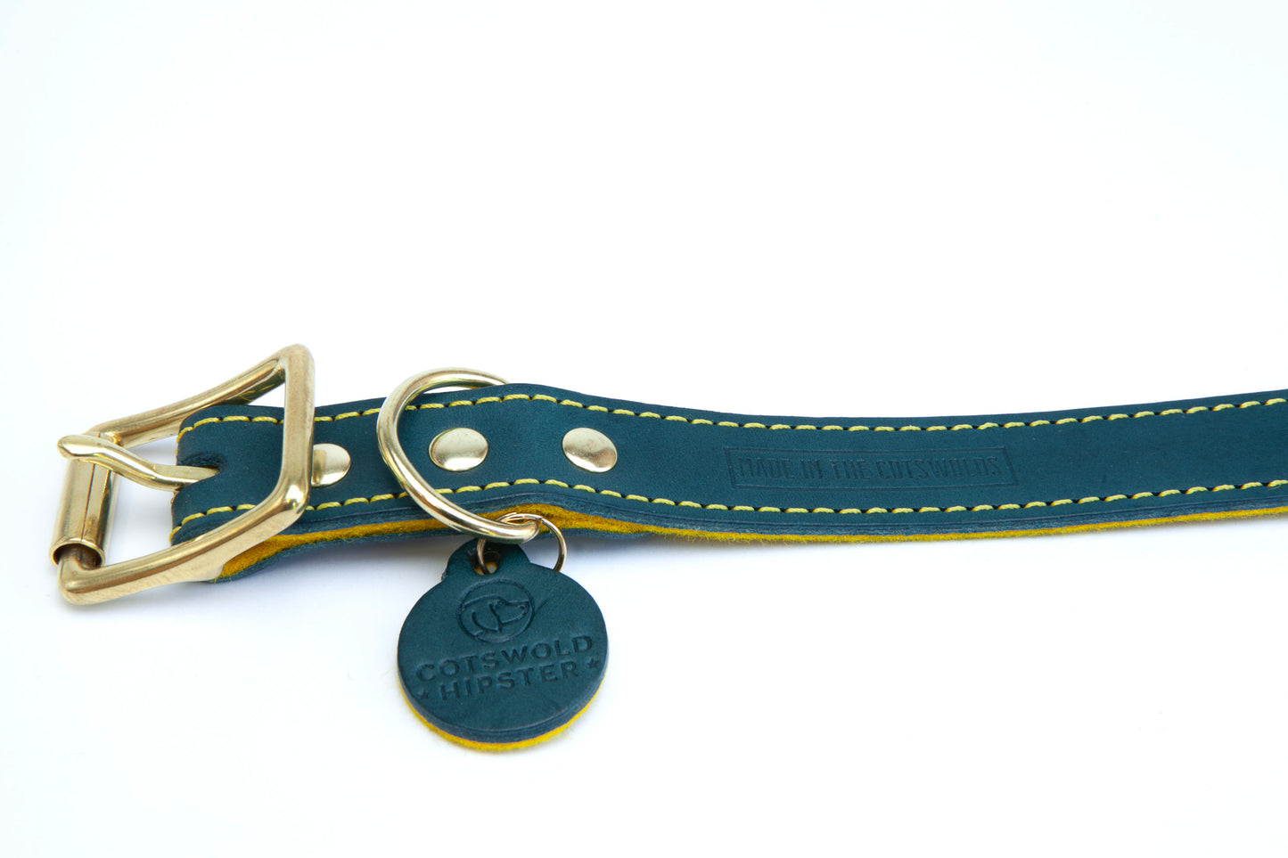 Teal leather dog collar with mustard yellow felt lining, yellow stitching, made in the cotswolds