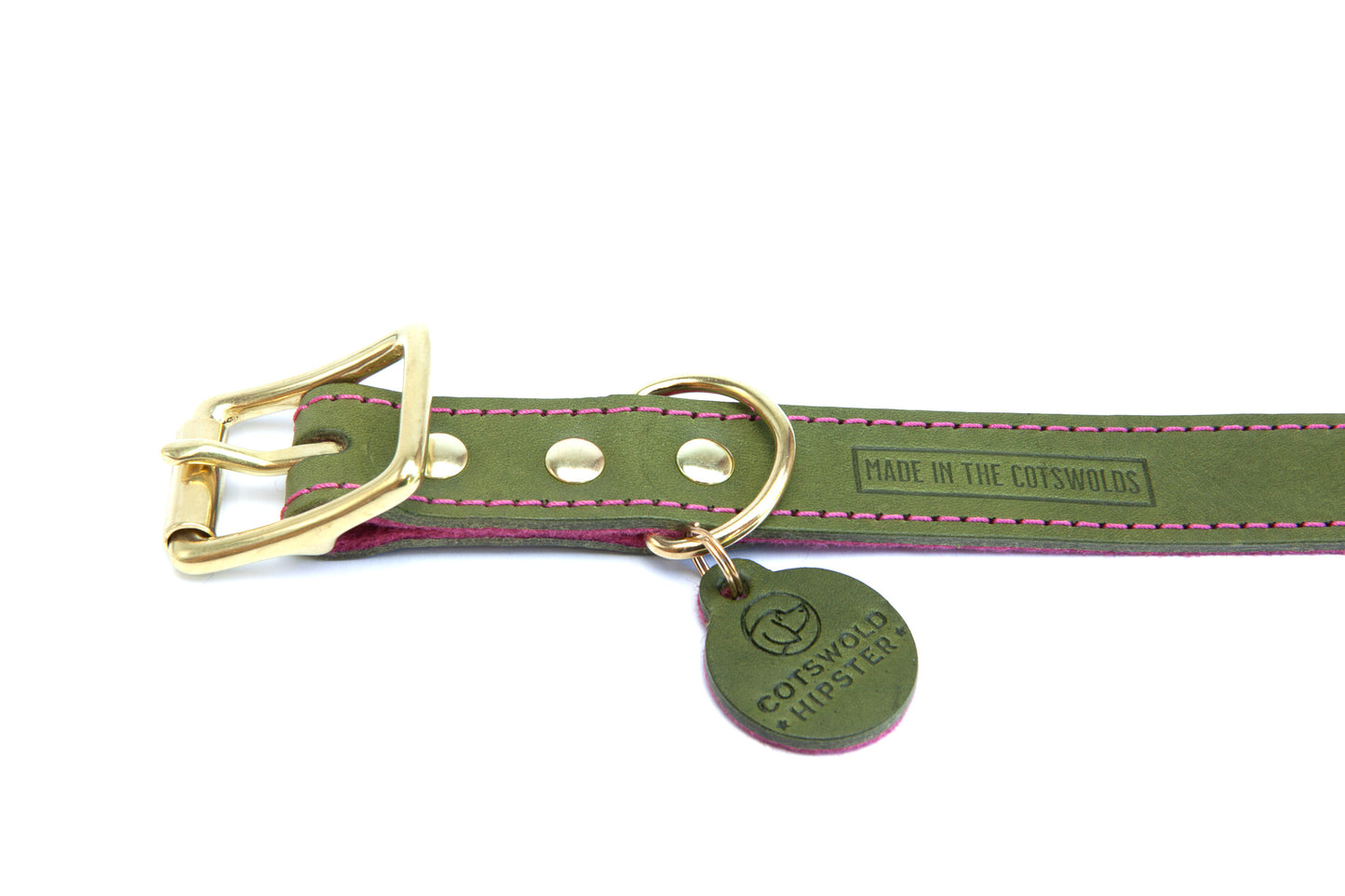 Flatlay of Olive & Raspberry handmade leather dog collar showing 'Made in the Cotswolds' emboss, made by Cotswold Hipster