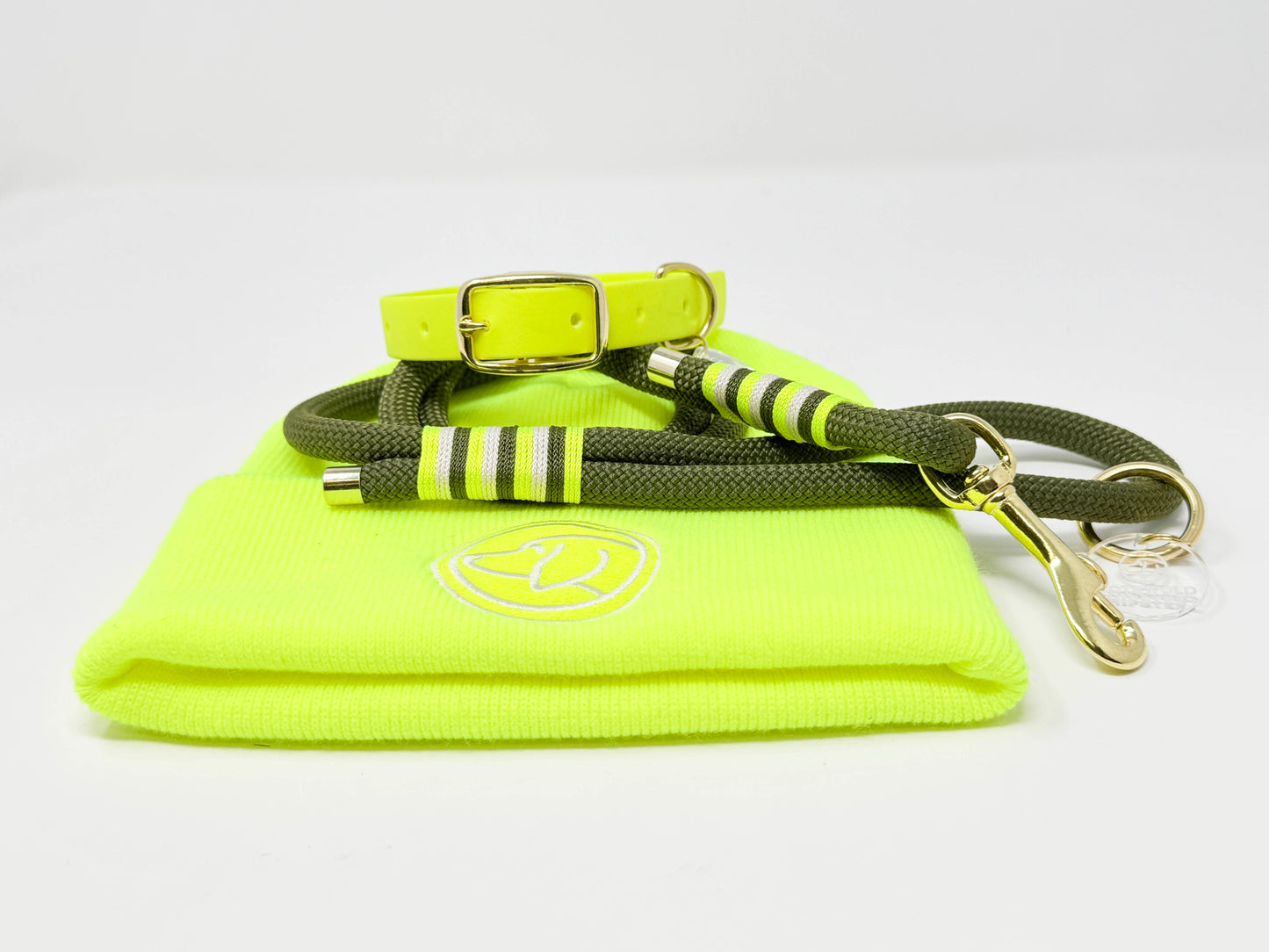 Coordinated Neon Yellow BE SEEN! stack including beanie, dog collar, and rope lead for mix-and-match styling.