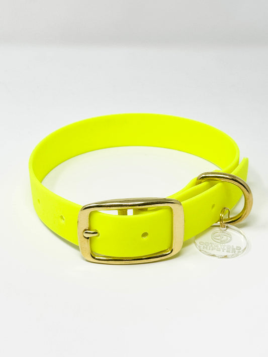 BE SEEN! Neon Yellow BioThane® dog collar, large size, solid brass hardware, high-visibility winter collar