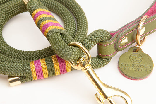 Olive and Raspberry rope dog lead with leather and felt handle, close up showing full lead and solid brass clip, handmade by Cotswold Hipster