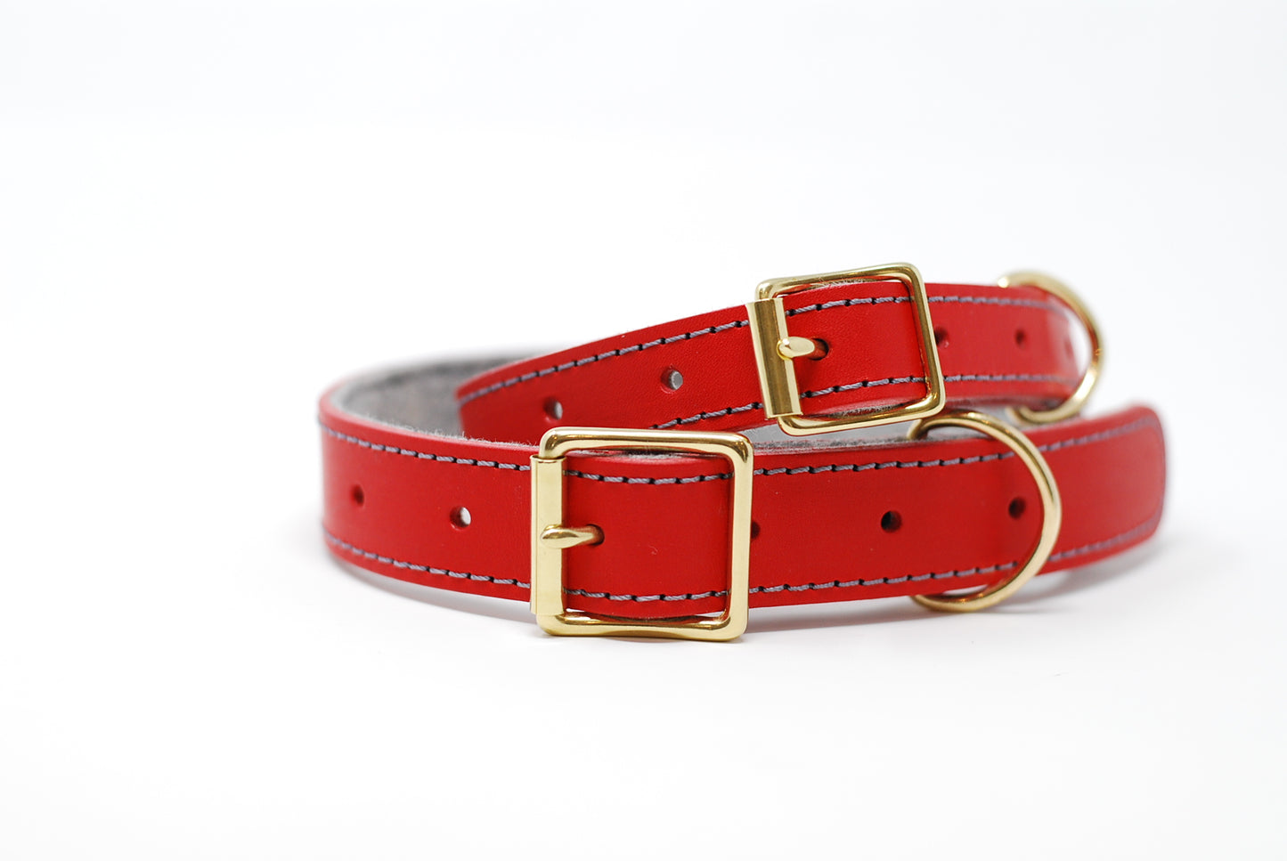 Red and grey wool felt, leather dog collar, soft Italian Leather, tan stitching, grey soft felt, Solid Brass buckle, dog safe, made in The Cotswolds, Hand made, Luxury dog collar