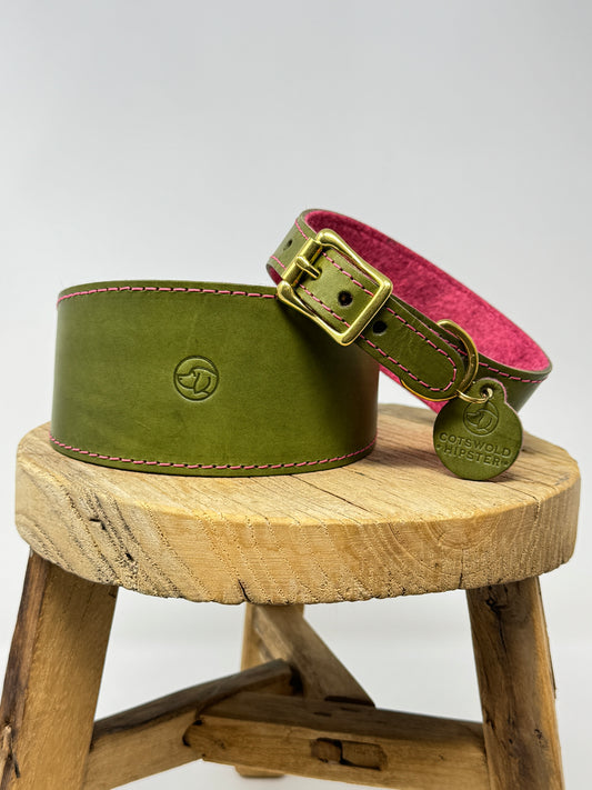 Large and medium leather and felt sighthound collars in olive and raspberry, showing wool felt lining and solid brass hardware