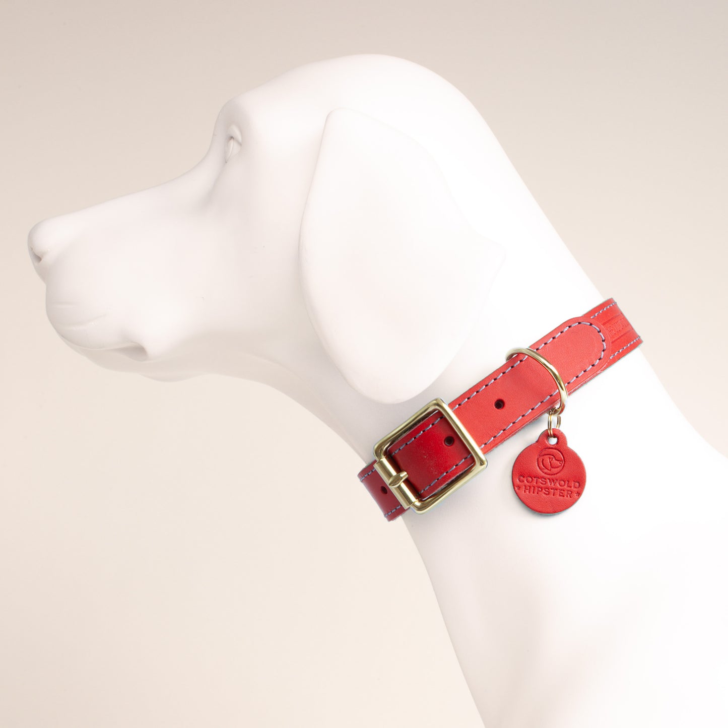 Large dog wearing handmade leather dog collar in Poppy and Sky colours, side view