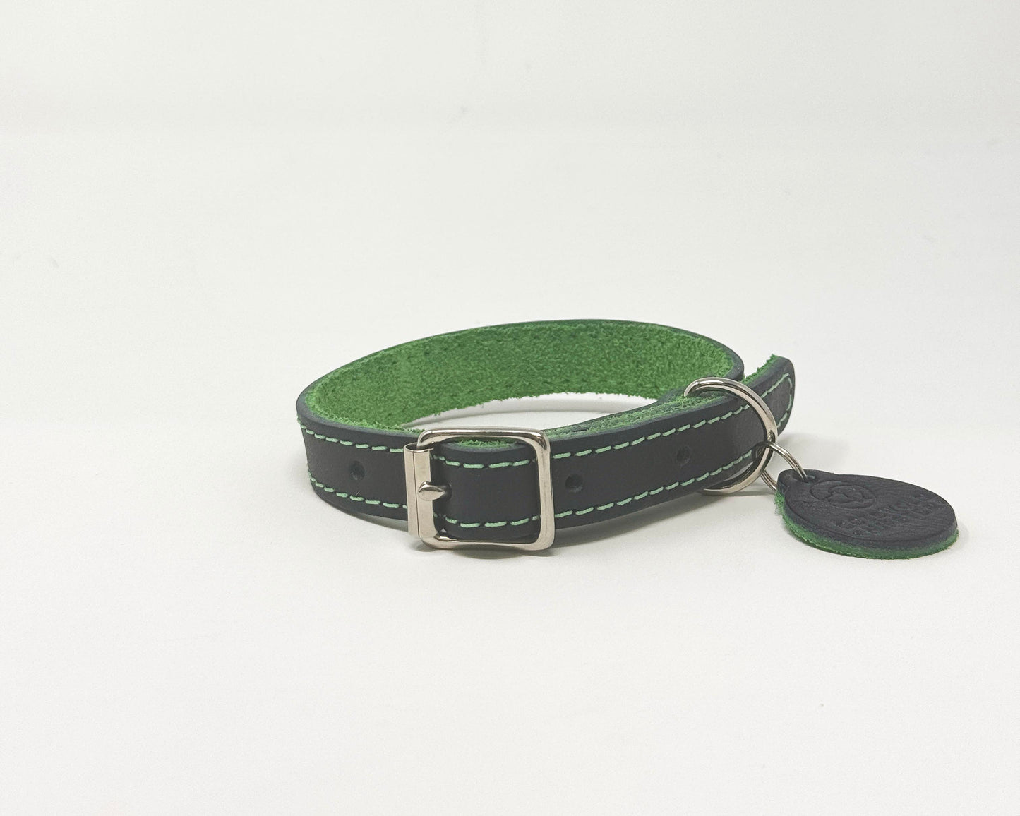 XS handmade navy leather dog collar with emerald suede backing from the Summer Fair Collection