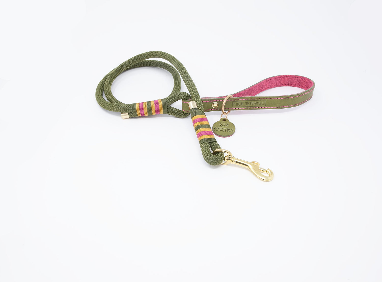 Green and pink rope dog lead, Leather & Rope, made in The Cotswolds, sold brass fittings dog safe and secure, Cotswold Hipster, Dog rope lead,