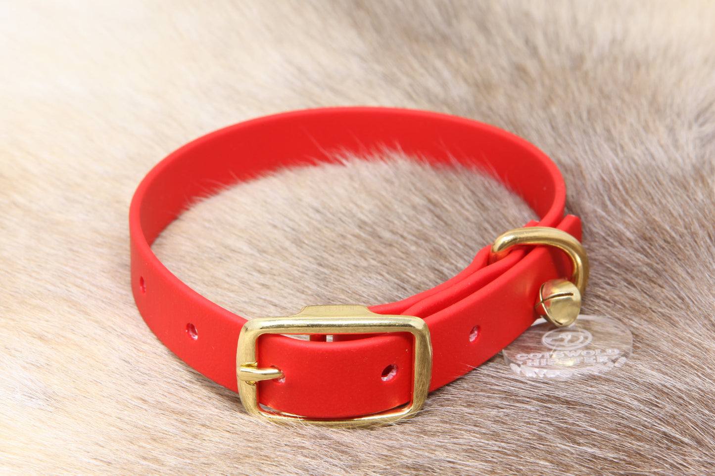 Festive red Biothane small or medium dog collar with brass hardware