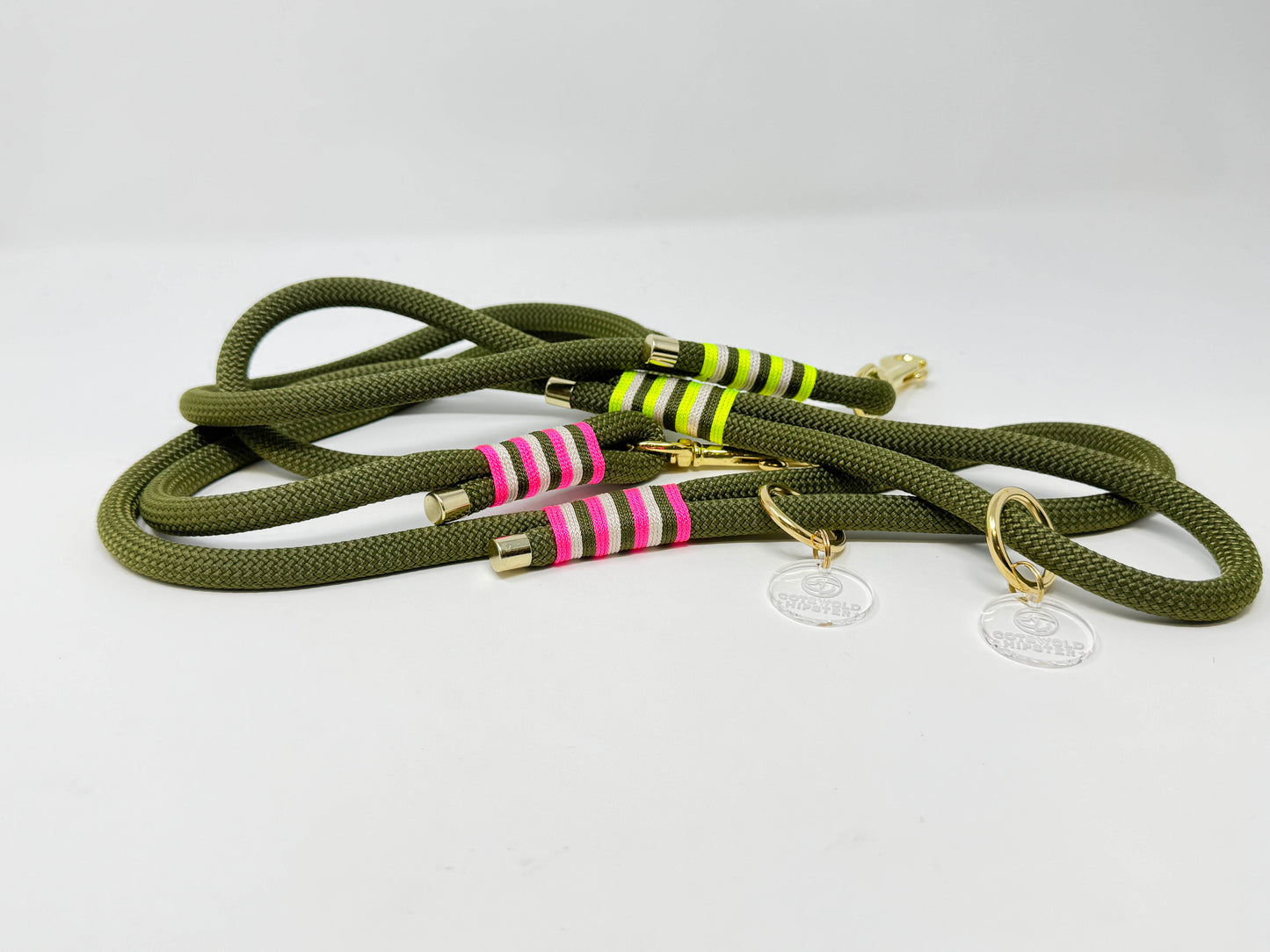 BE SEEN! Neon Pink and Neon Yellow rope leads together, army green with cream and neon contrast whipping, solid brass hardware, high-visibility winter dog gear