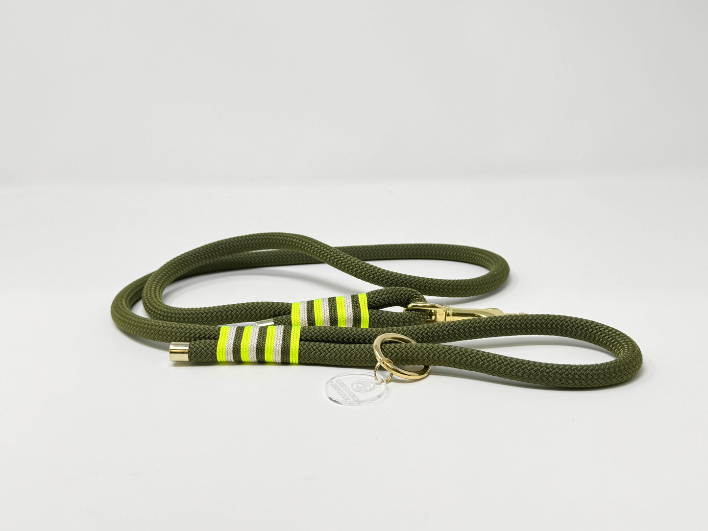BE SEEN! Neon Yellow rope lead for dogs, army green with cream and neon yellow contrast whipping, solid brass hardware, high-visibility winter dog gear