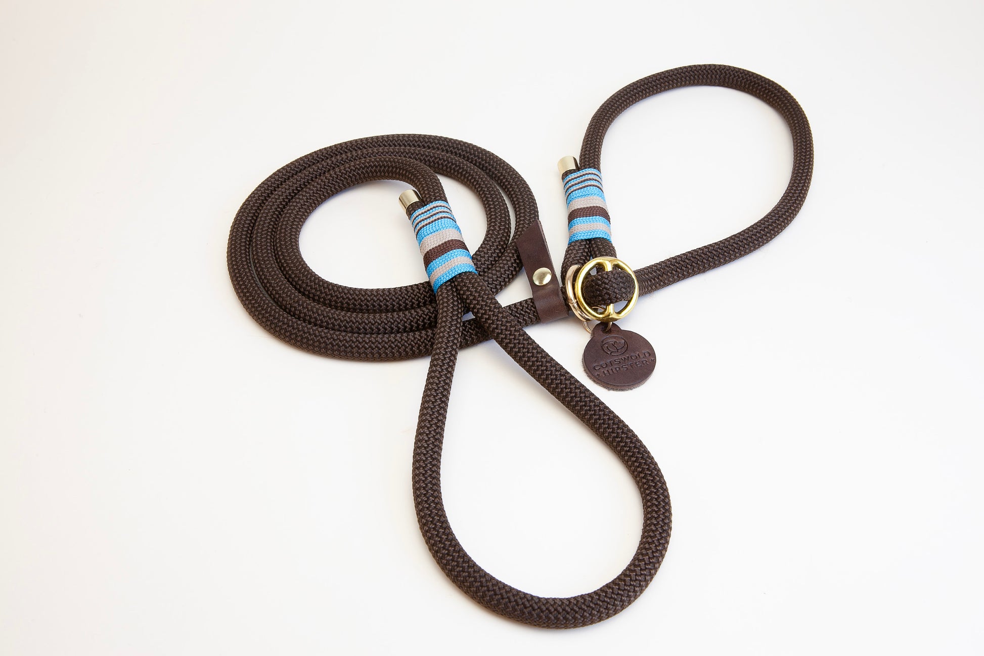 Chocolate & Cornflower rope slip lead with solid brass hardware, flat lay showing full length and figure-of-eight option, handmade by Cotswold Hipster