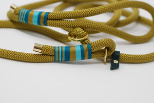 Leather and felt dog collars and leads - Teal and Mustard