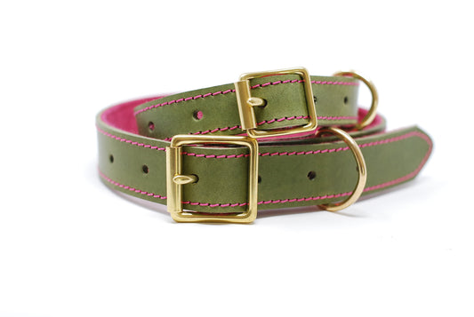 Green leather dog collar, soft Italian Leather, Pink stitching, Pink soft felt, Solid Brass buckle, dog safe, made in The Cotswolds, Hand made, Luxury dog collar