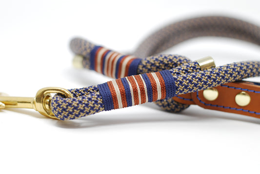 Luxury rope dog lead, Leather and felt soft handle, made in the Cotswolds, solid brass trigger clip for dog safety, Tan and marine,  Hand made