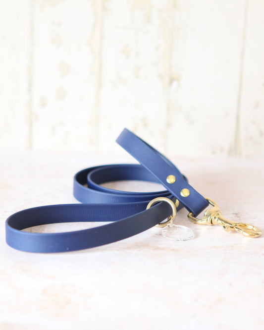 Navy 20mm BioThane® dog lead with solid brass hardware, laid flat.