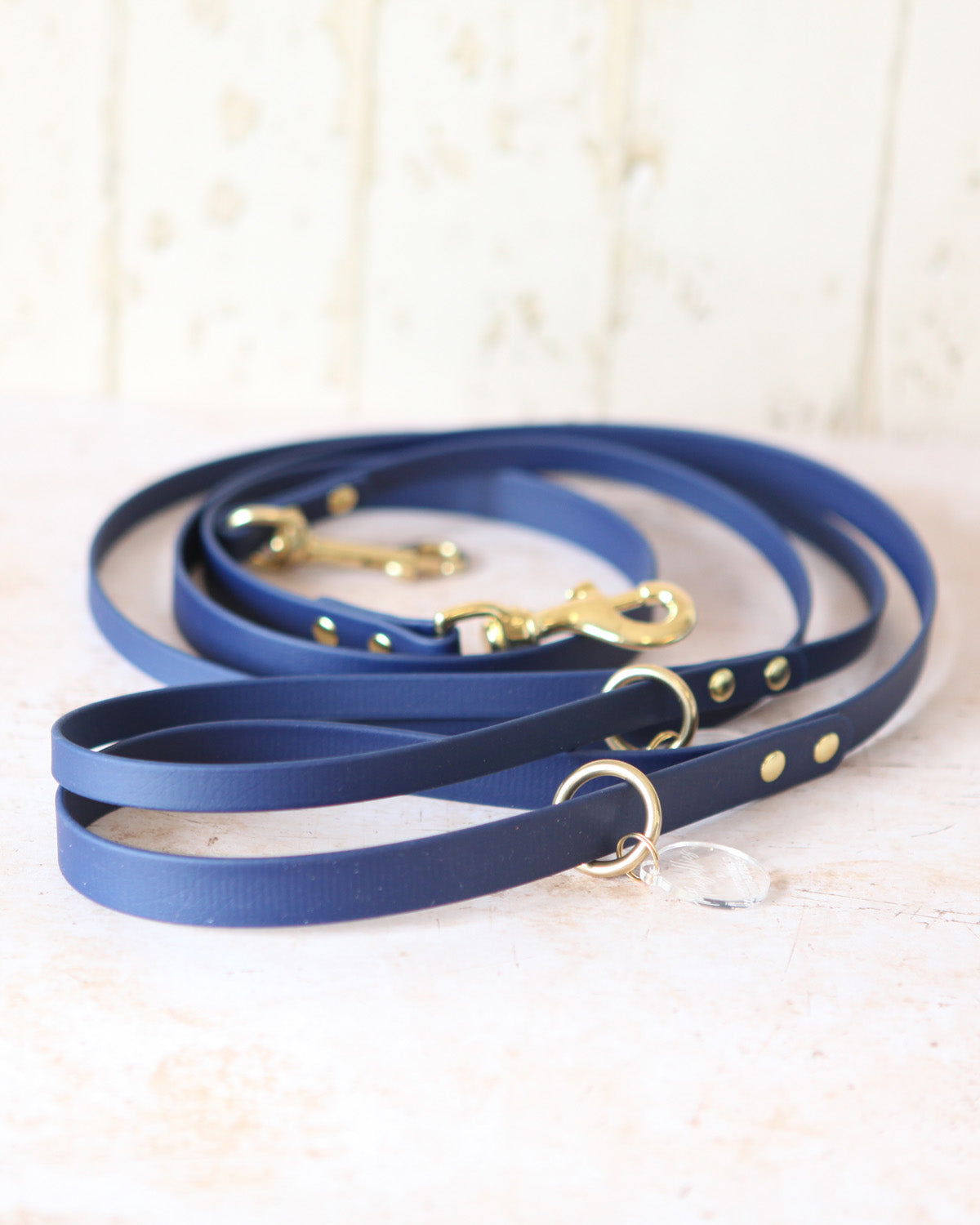 Small and large navy BioThane® dog leads shown together, featuring 12mm and 20mm widths with solid brass hardware.