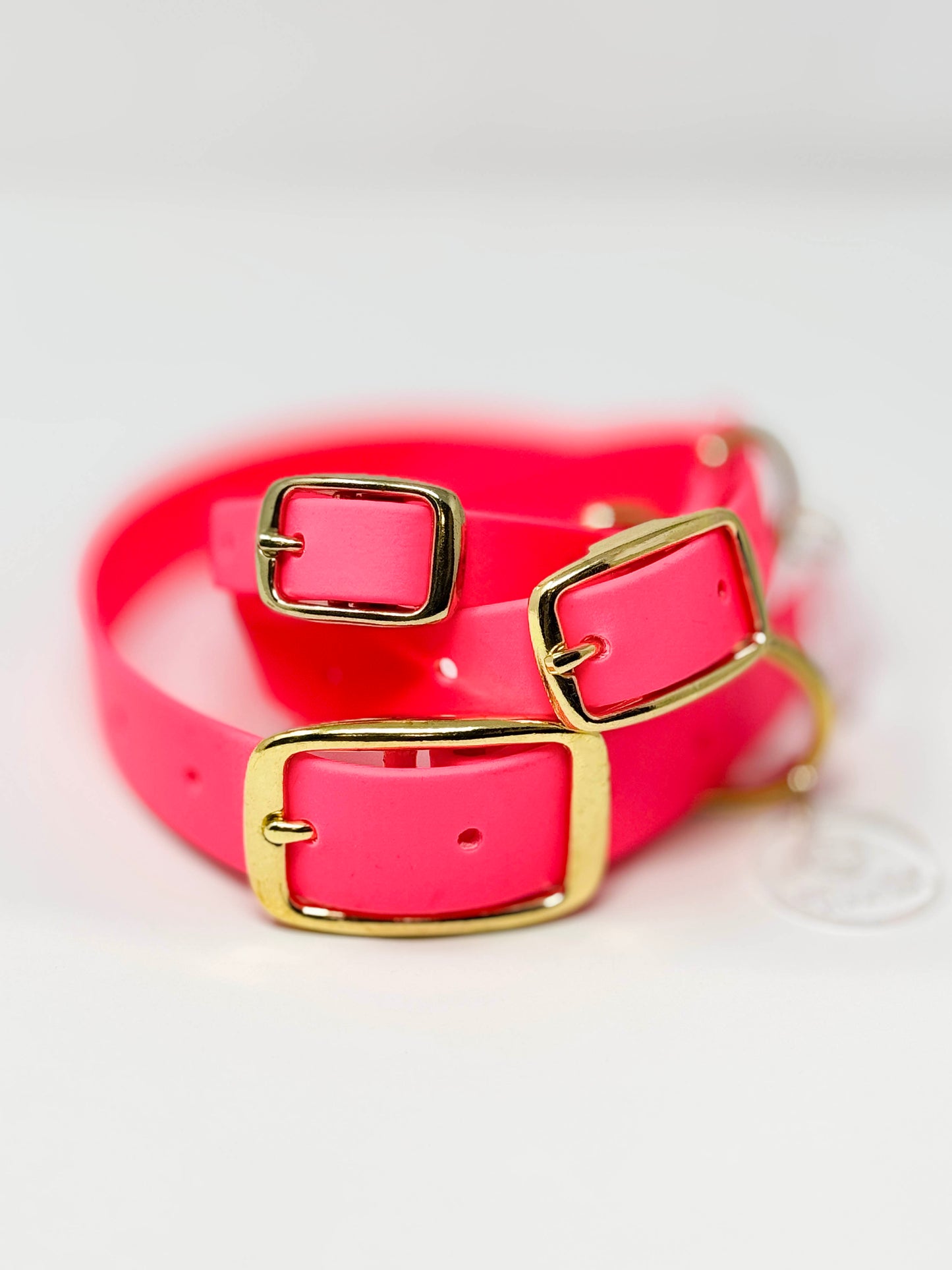 BE SEEN! Neon Pink BioThane® collars stacked showing XS, medium, and large widths with brass hardware.