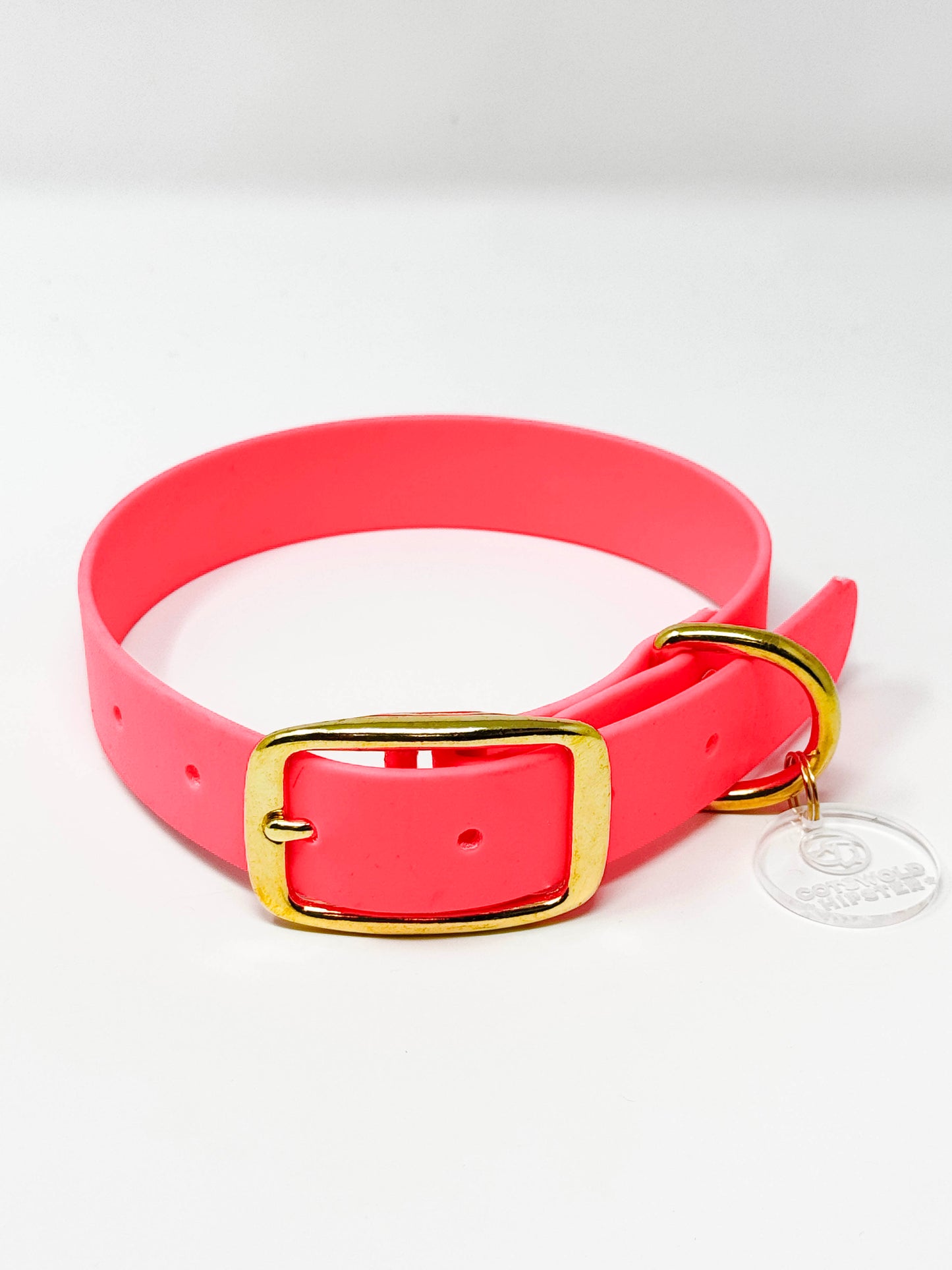 BE SEEN! Neon Pink BioThane® dog collar, large size, solid brass hardware, high-visibility winter collar.