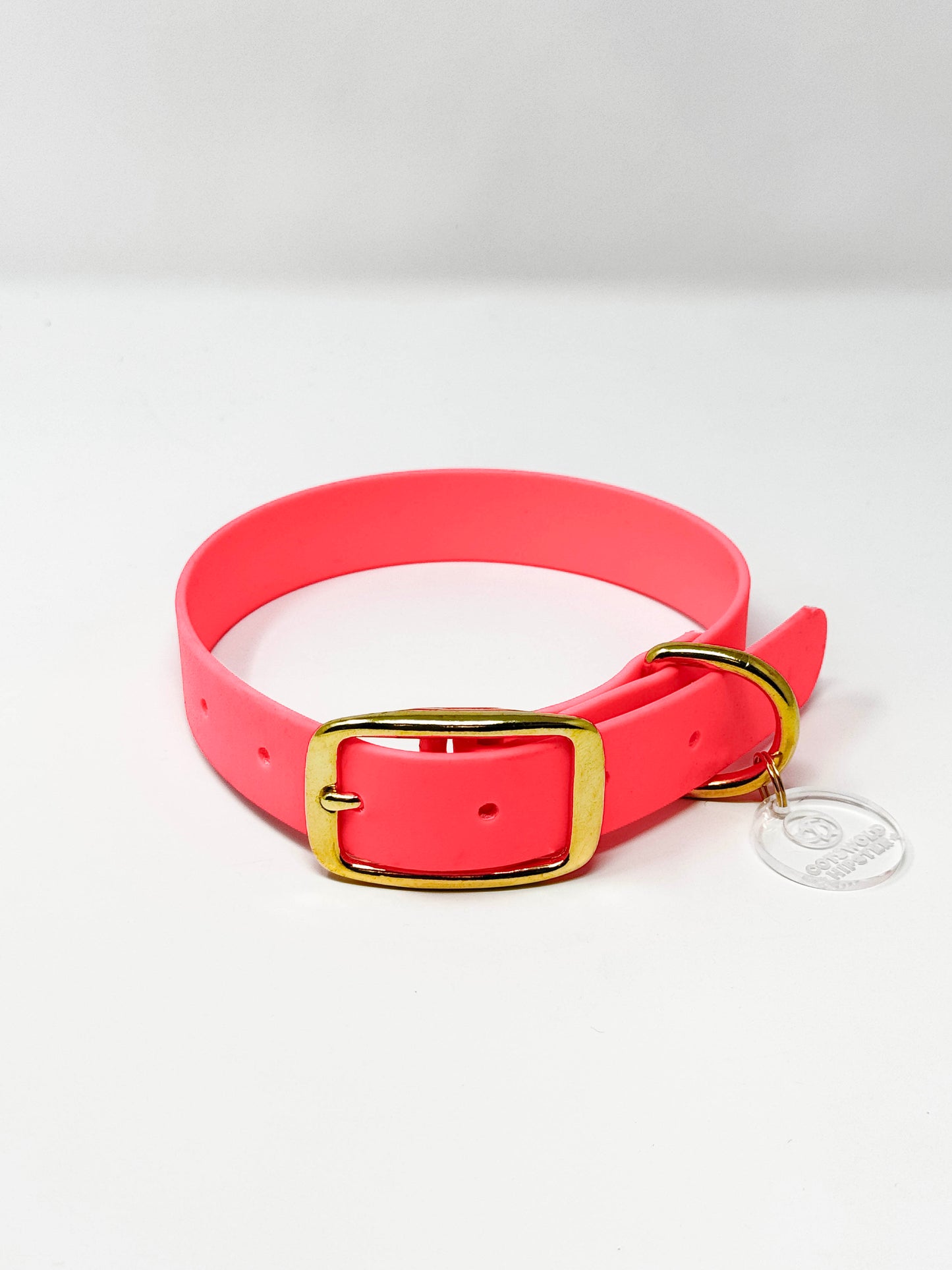 BE SEEN! Neon Pink BioThane® dog collar, medium size, brass hardware, high-visibility winter collar.