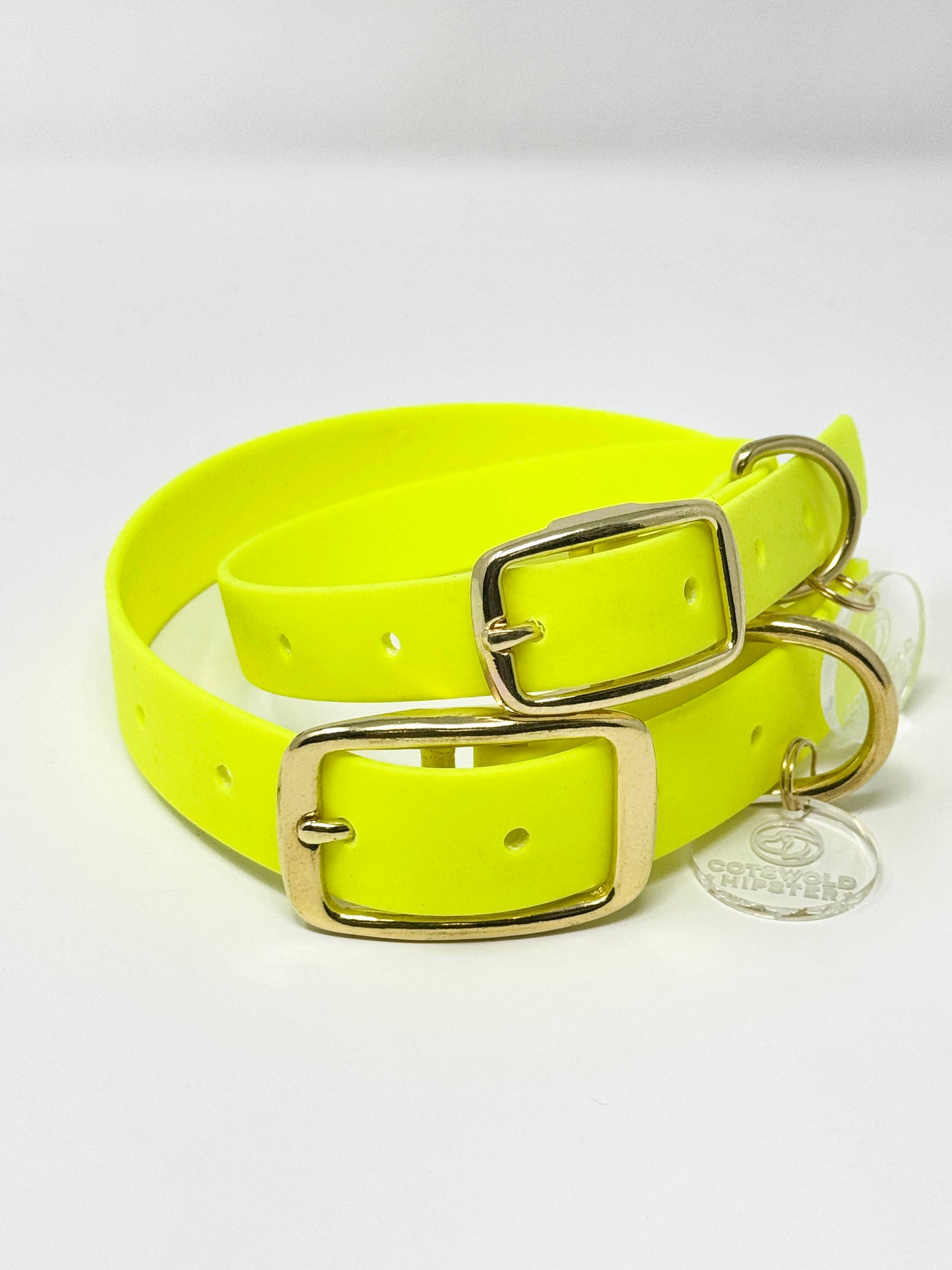 BE SEEN! Neon Yellow BioThane® dog collars stacked, large and medium, solid brass hardware, high-visibility winter collars