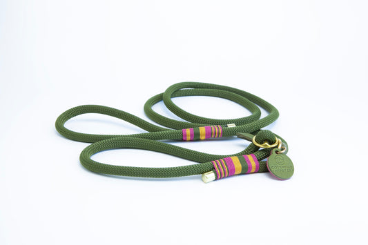 olive green rope slip lead with pink and yellow trim