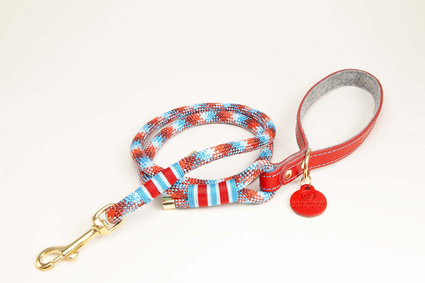 Red and Blue multi rope dog lead with Poppy and Sky leather and felt handle, flat lay with solid brass clip, handmade by Cotswold Hipster