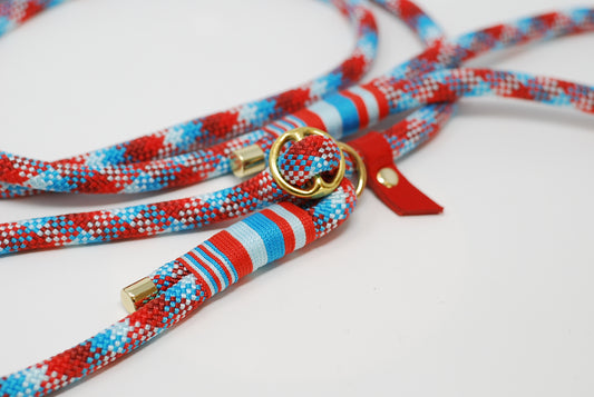 Red and blue rope dog lead, made in the UK, made in the Cotswolds, dog friendly, luxury dog lead, solid brass fittings