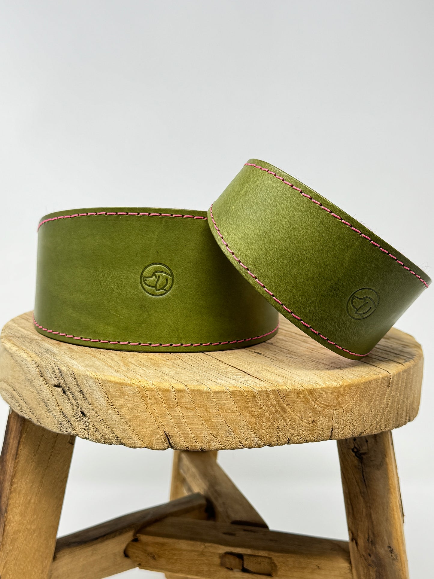 Large and medium leather and felt sighthound collars in olive & raspberry