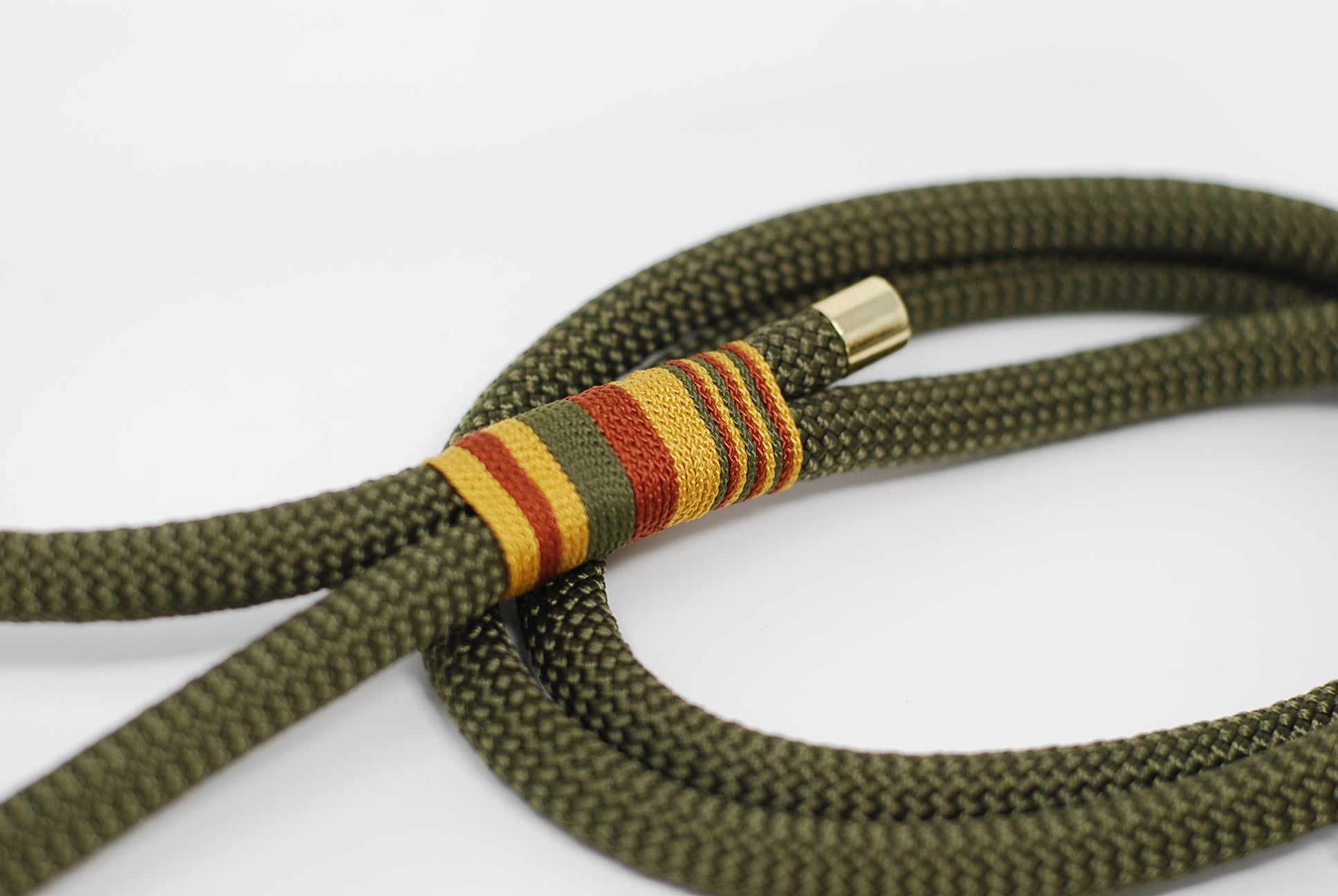Detail of Tan & Natural handmade rope slip lead showing whipping and solid brass hardware, made by Cotswold Hipster