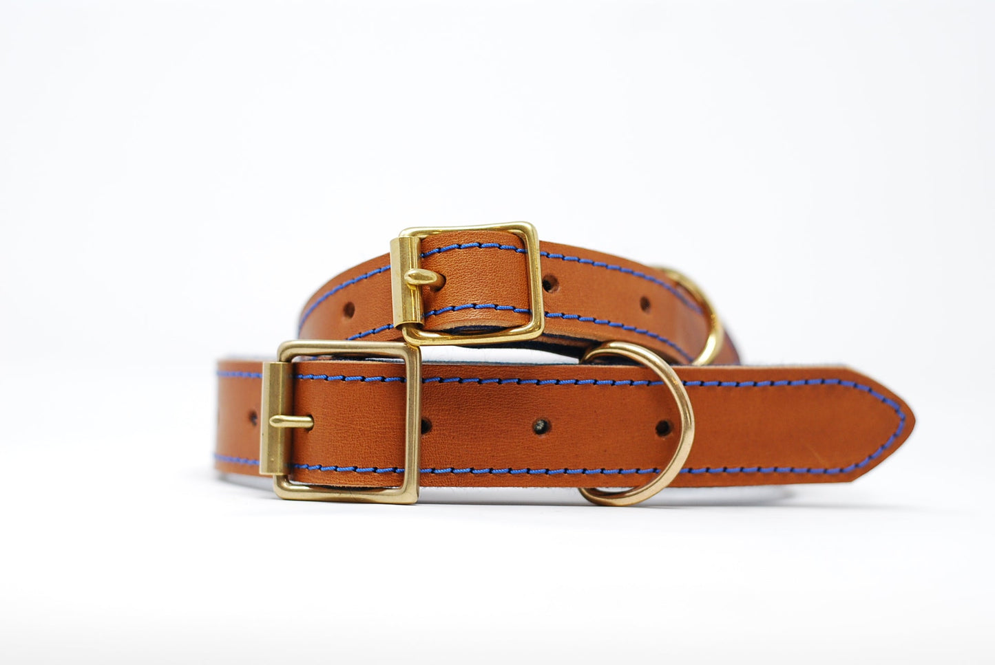 Tan leather dog collar, soft Italian Leather, Blue stitching, blue soft felt, Solid Brass buckle, dog safe, made in The Cotswolds, Hand made, Luxury dog collar