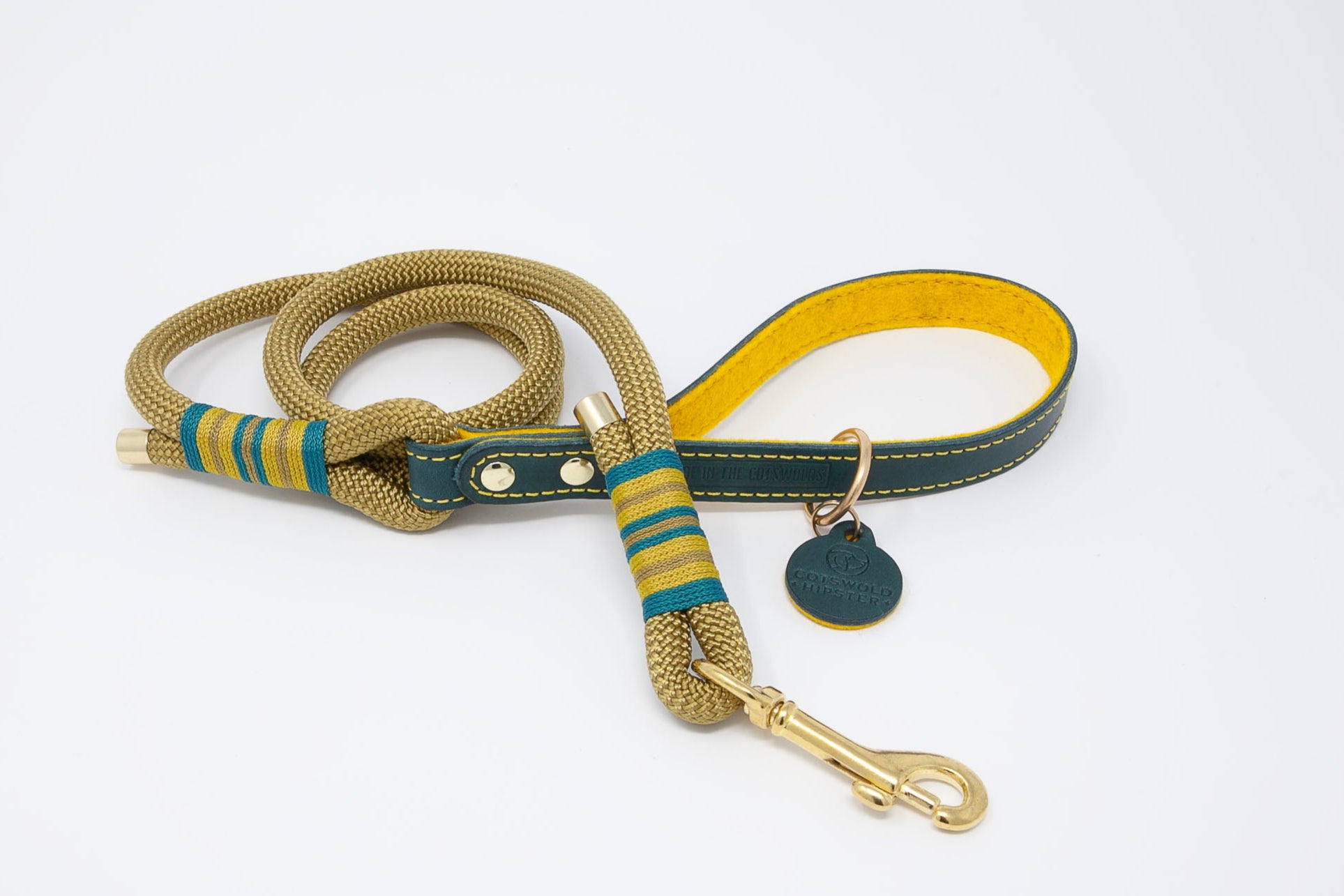 Teal and Mustard rope dog lead with leather and felt handle, flat lay showing full length with solid brass clip, handmade by Cotswold Hipster