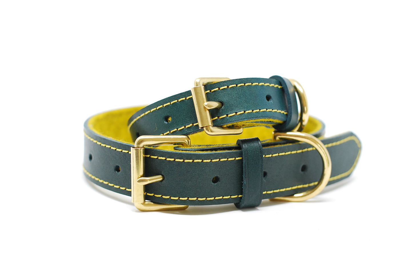 Teal  & Mustard, leather dog collar, soft Italian Leather, Blue stitching, blue soft felt, Solid Brass buckle, dog safe, made in The Cotswolds, Hand made, Luxury dog collar