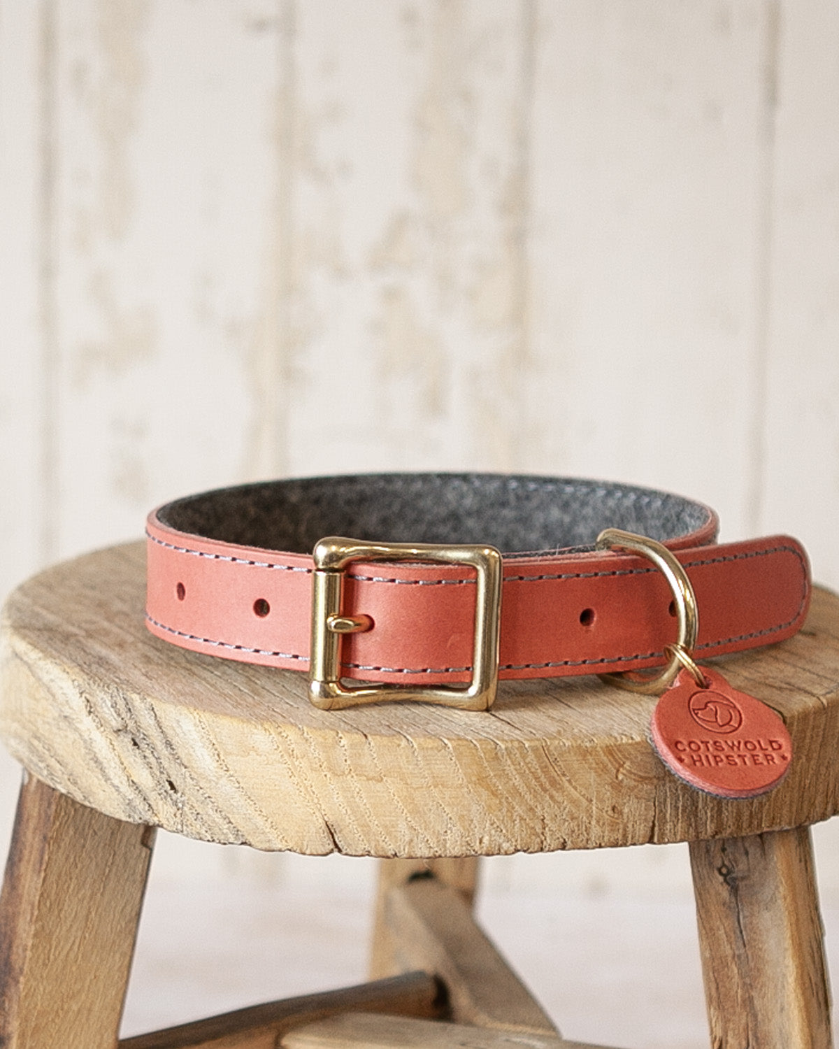 Large coral and charcoal leather and felt dog collar, handcrafted in the Cotswolds using Italian leather and wool felt.