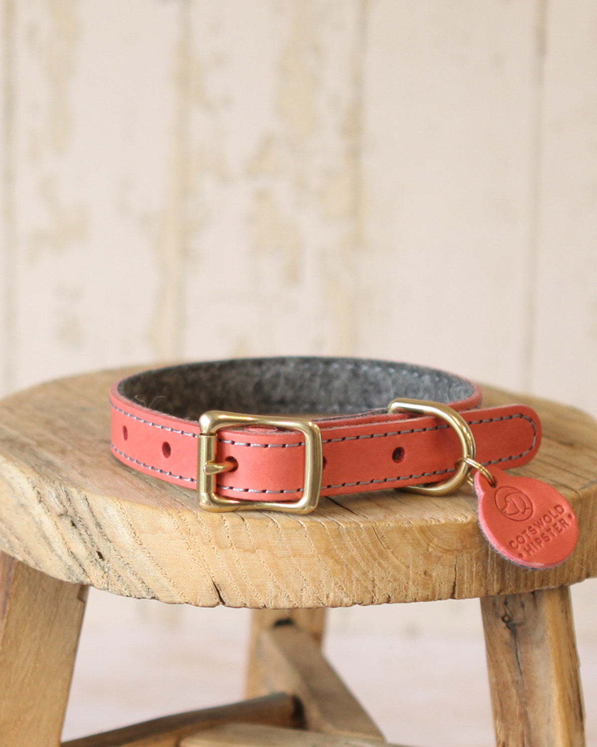 Medium coral and charcoal leather and felt dog collar, handcrafted in the Cotswolds as a limited edition design.
