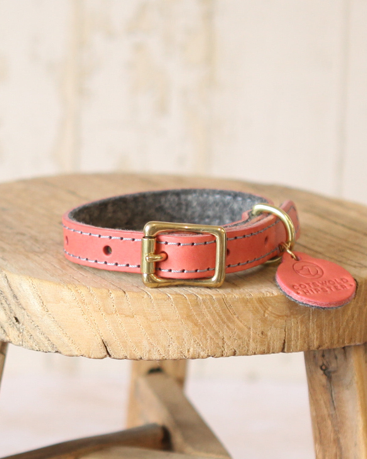 Coral and charcoal limited edition leather and felt dog collar in size XS, handcrafted in the Cotswolds.