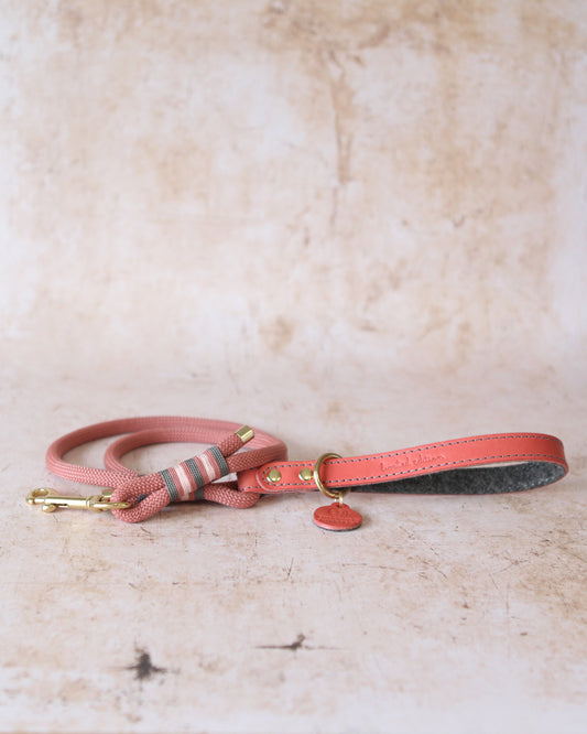 Coral rope dog lead with charcoal leather handle from the Coral & Charcoal Limited Edition collection, handcrafted in the Cotswolds.
