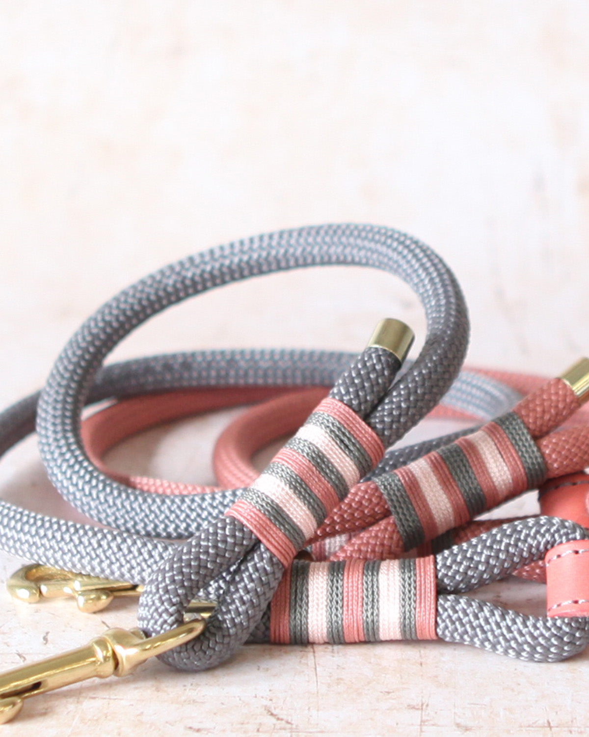 Close-up of the hand-whipped rope detail on a Coral & Charcoal Limited Edition dog lead.