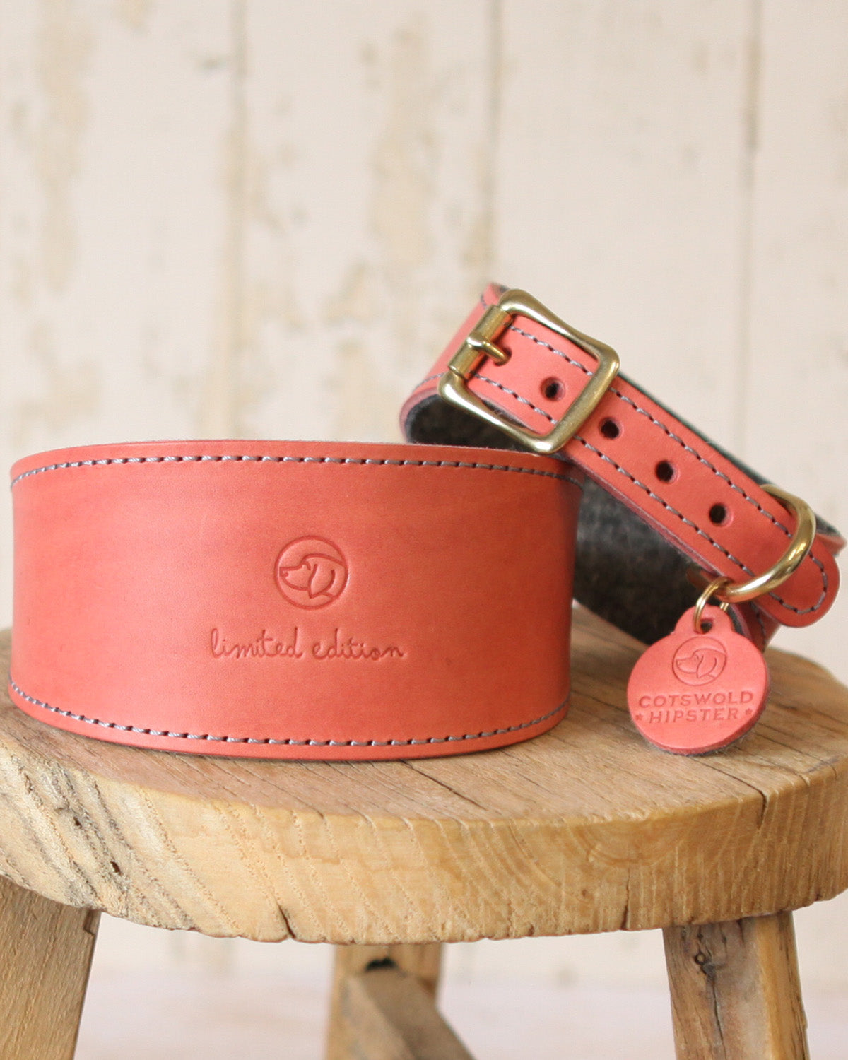 Coral and charcoal limited edition sighthound collar with brass buckle detail, handcrafted in the Cotswolds.