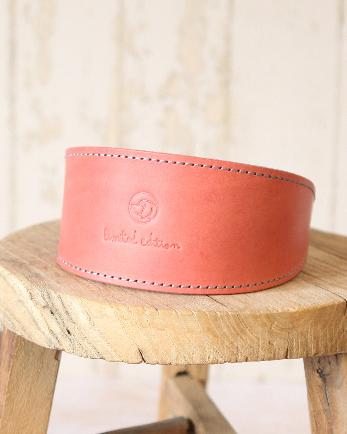 Large coral and charcoal limited edition leather and felt sighthound collar designed for sighthounds and handcrafted in the Cotswolds.