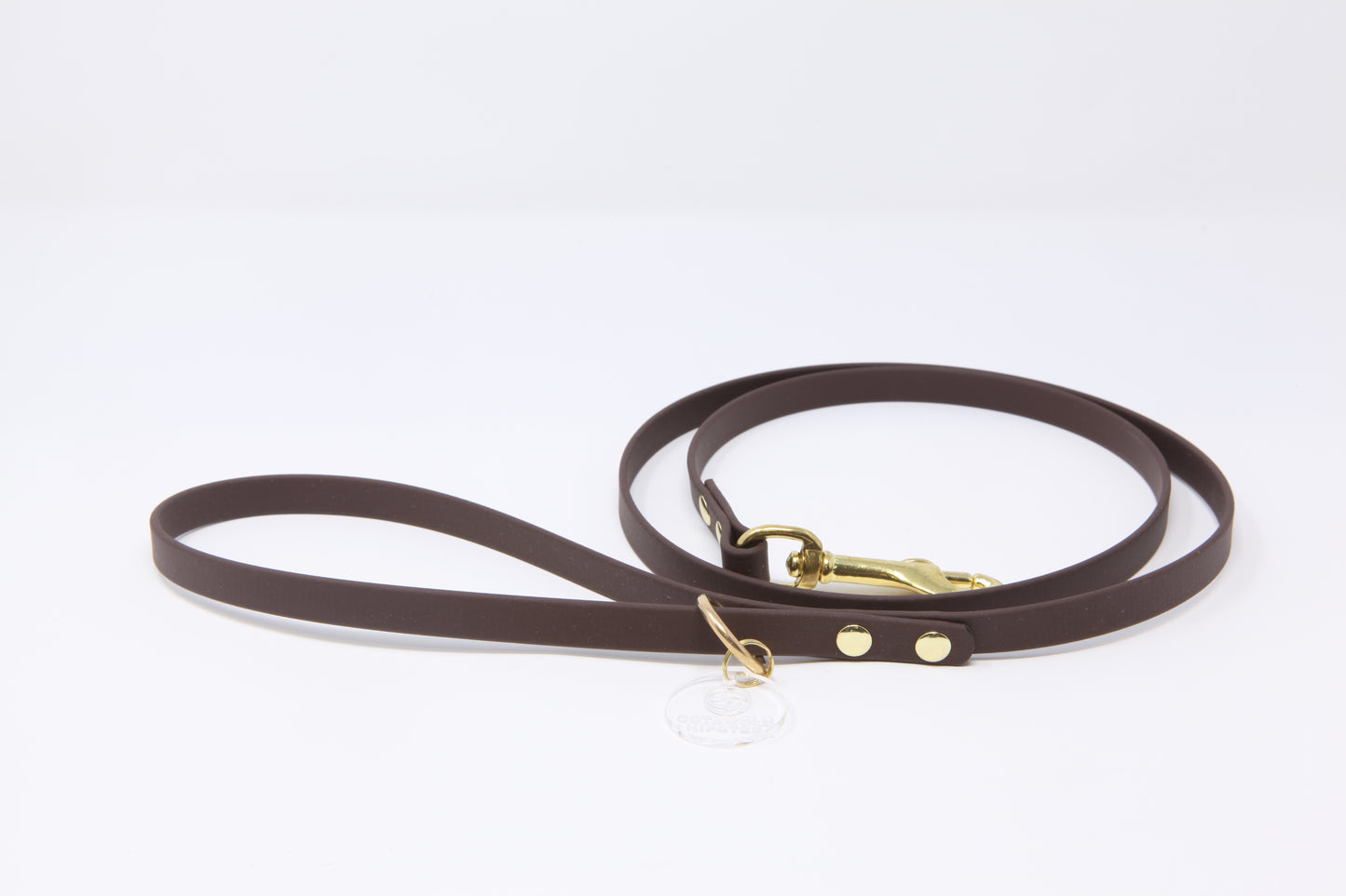 Dark Brown BioThane® dog lead flatlay, 12mm wide, with solid brass hardware, handmade by Cotswold Hipster 