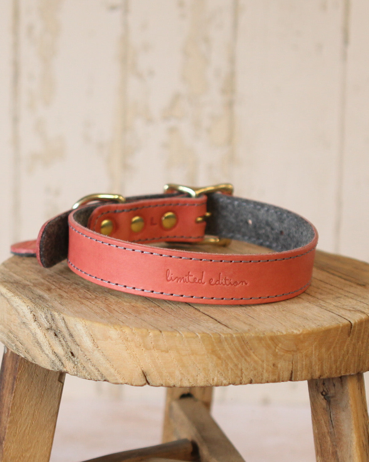 Close-up of the limited edition embossing on a coral and charcoal leather and felt dog collar.