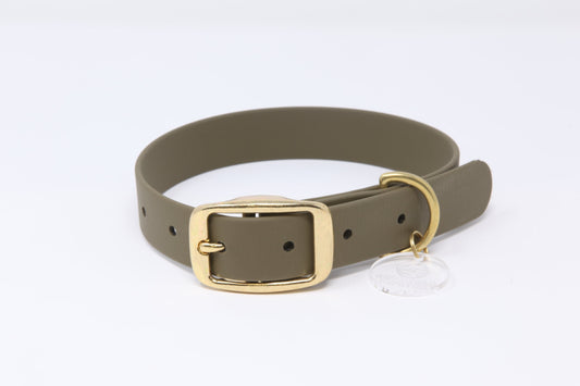 Olive Biothane dog collar with brass buckle and hardware, handmade by Cotswold Hipster 