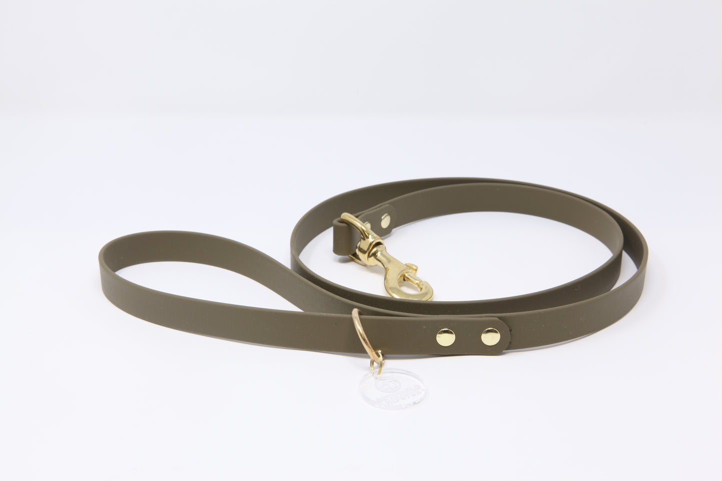 Olive Biothane dog lead, 20mm wide, with solid brass hardware flatlay, handmade by Cotswold Hipster 