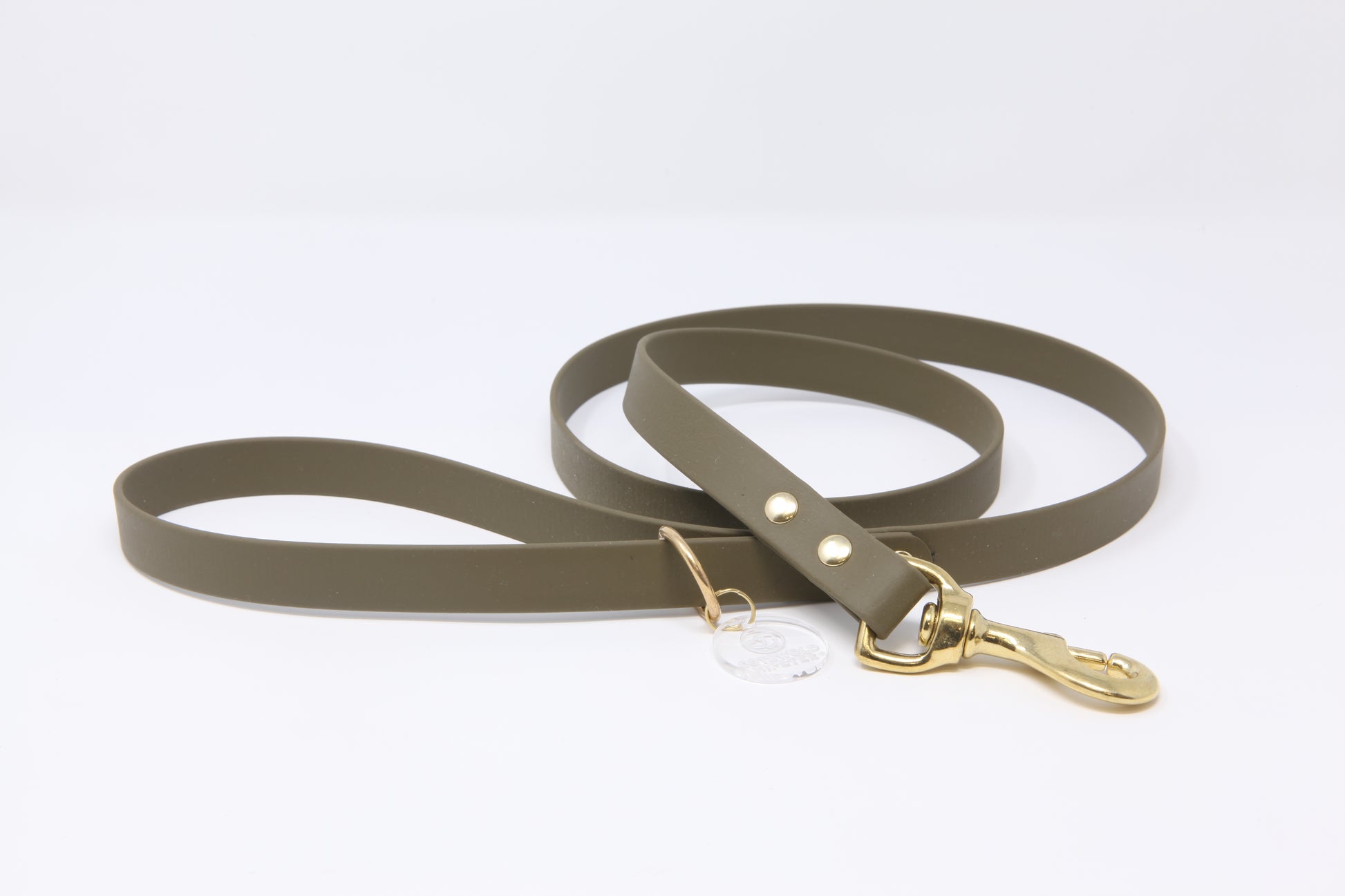 Olive Biothane dog lead, 20mm wide, with solid brass hardware.
