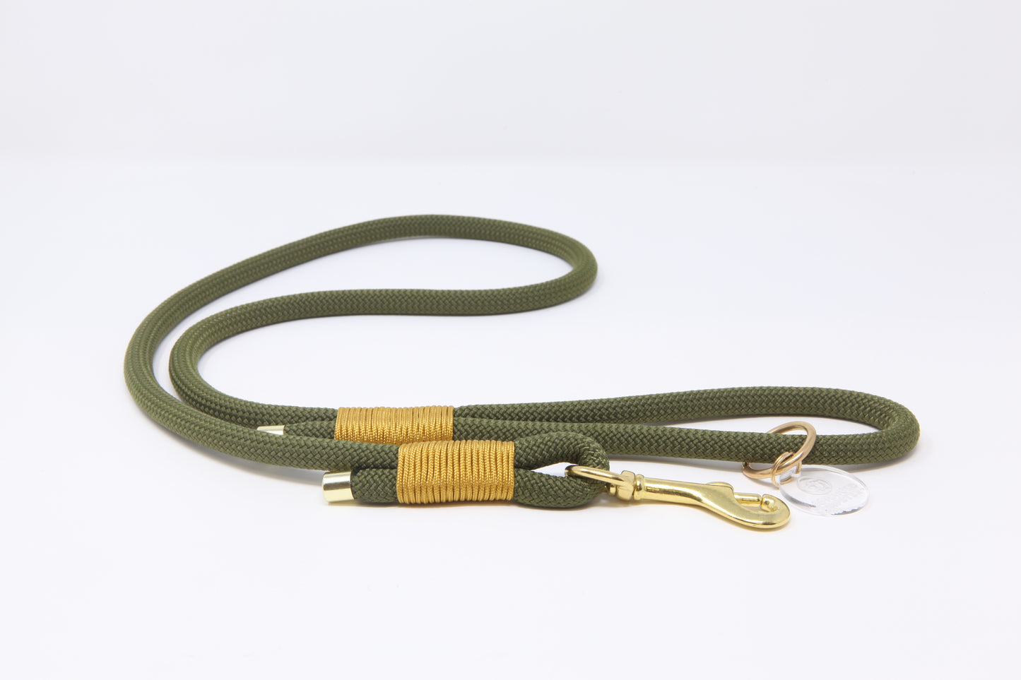Olive and gold 10mm paracord rope dog lead with solid brass hardware and floating O-ring, handmade by Cotswold Hipster 