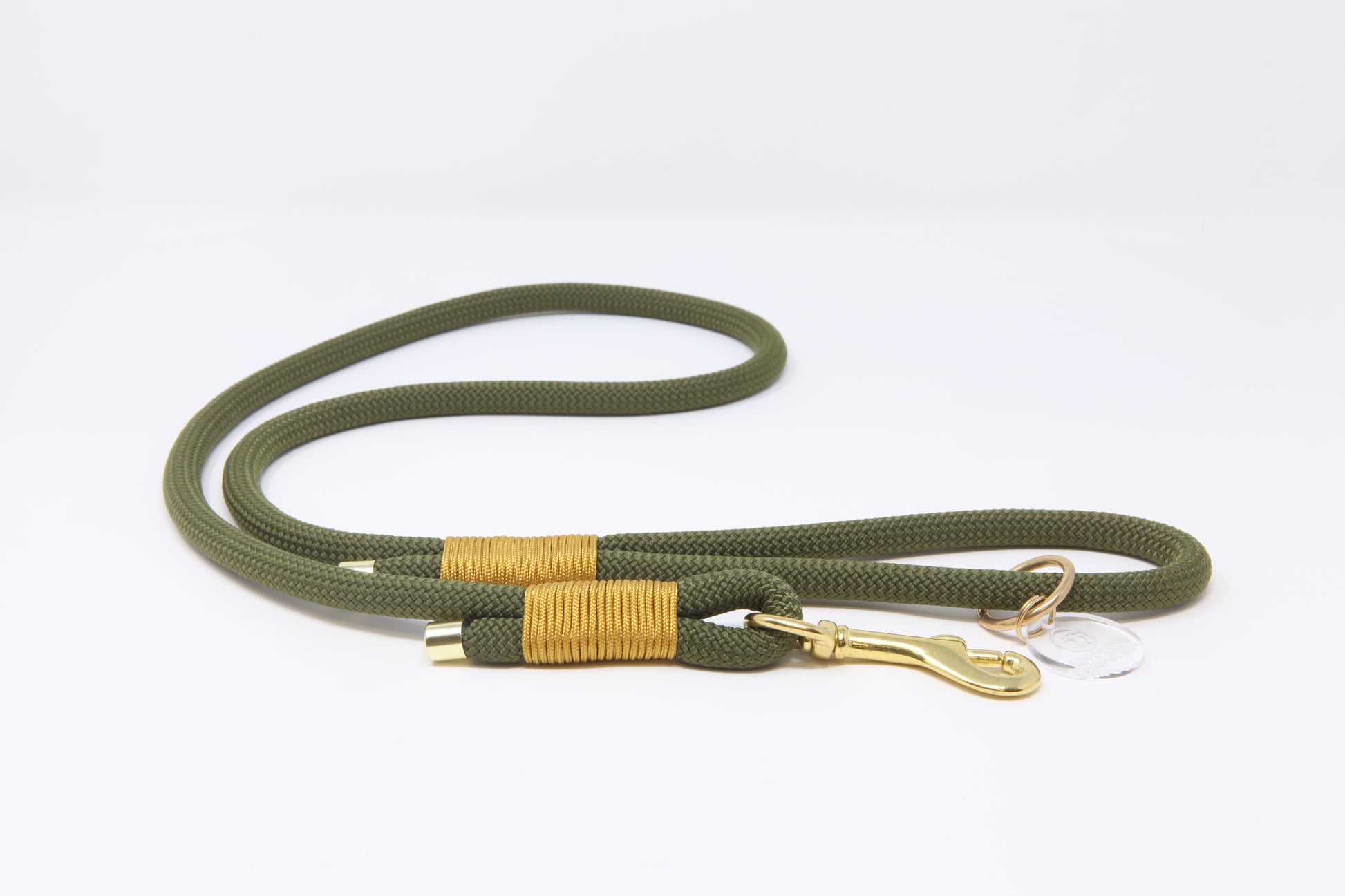 Olive and gold 10mm paracord rope dog lead with solid brass hardware and floating O-ring, handmade by Cotswold Hipster 