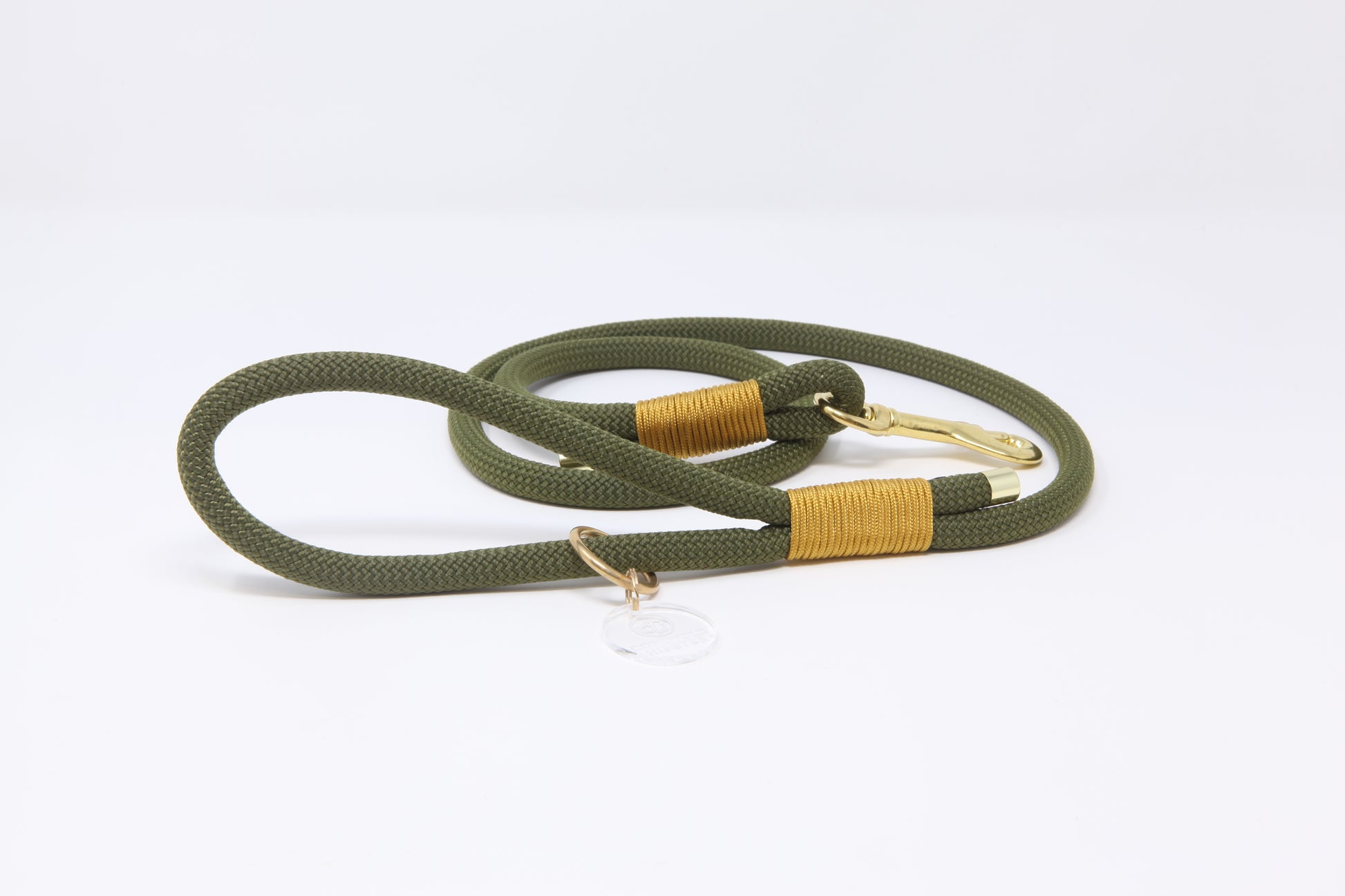 Olive and gold 10mm paracord rope dog lead with solid brass hardware and floating O-ring, handmade by Cotswold Hipster 