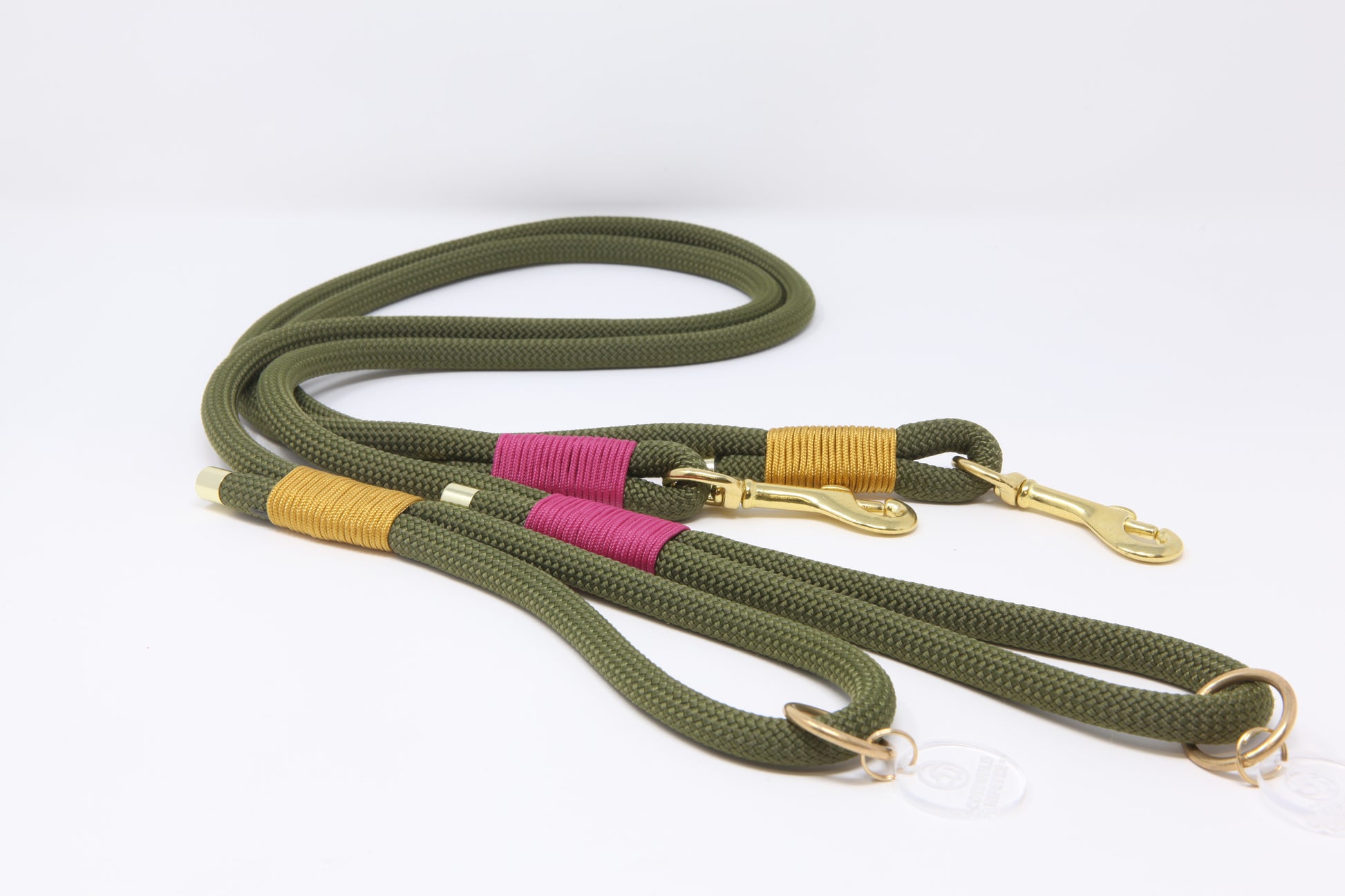 Olive and raspberry and olive and gold 10mm paracord rope dog lead with solid brass hardware and floating O-ring, handmade by Cotswold Hipster 