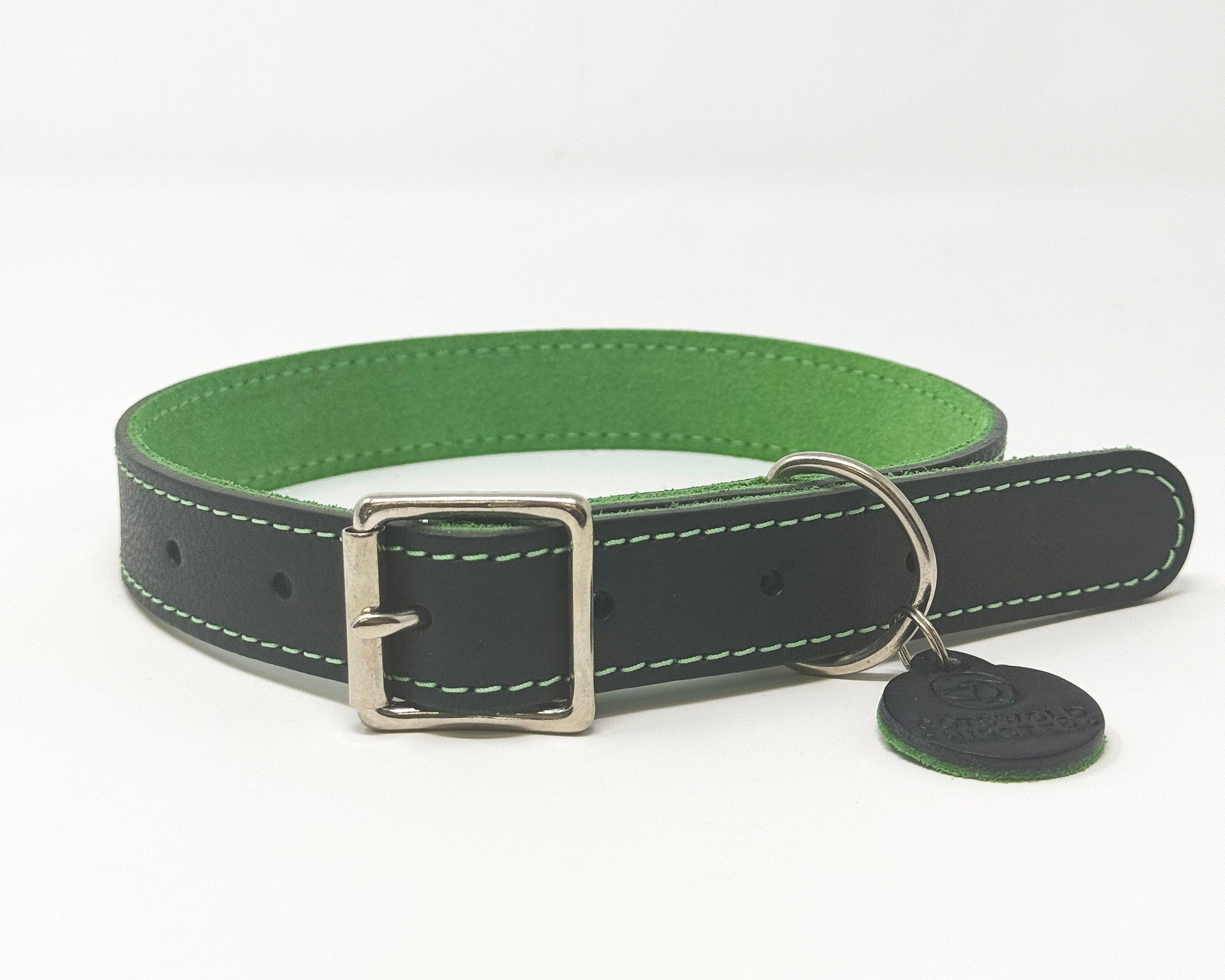 Large handmade navy leather dog collar with emerald green suede backing from the Summer Fair Collection