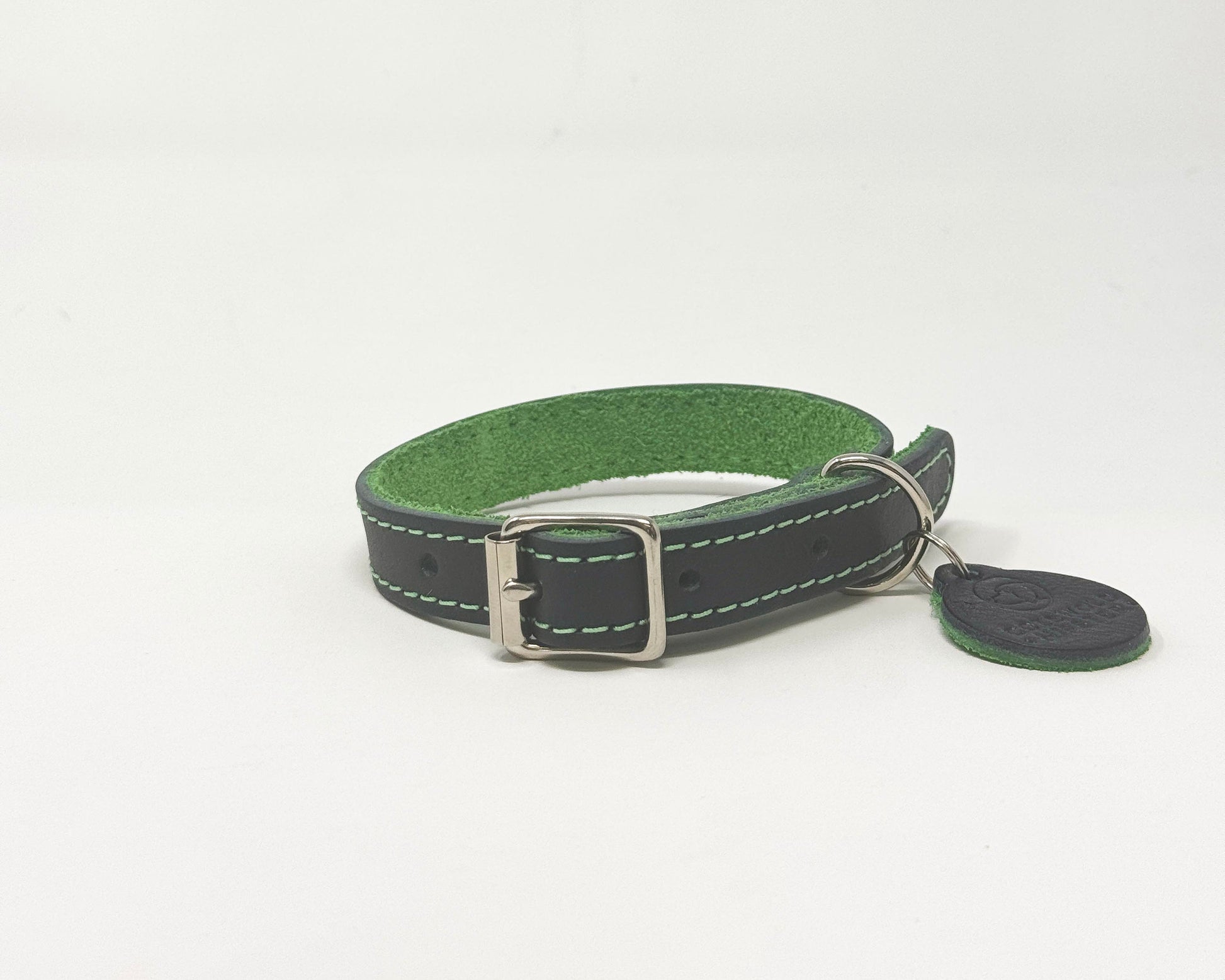 XS handmade navy leather dog collar with emerald suede backing from the Summer Fair Collection